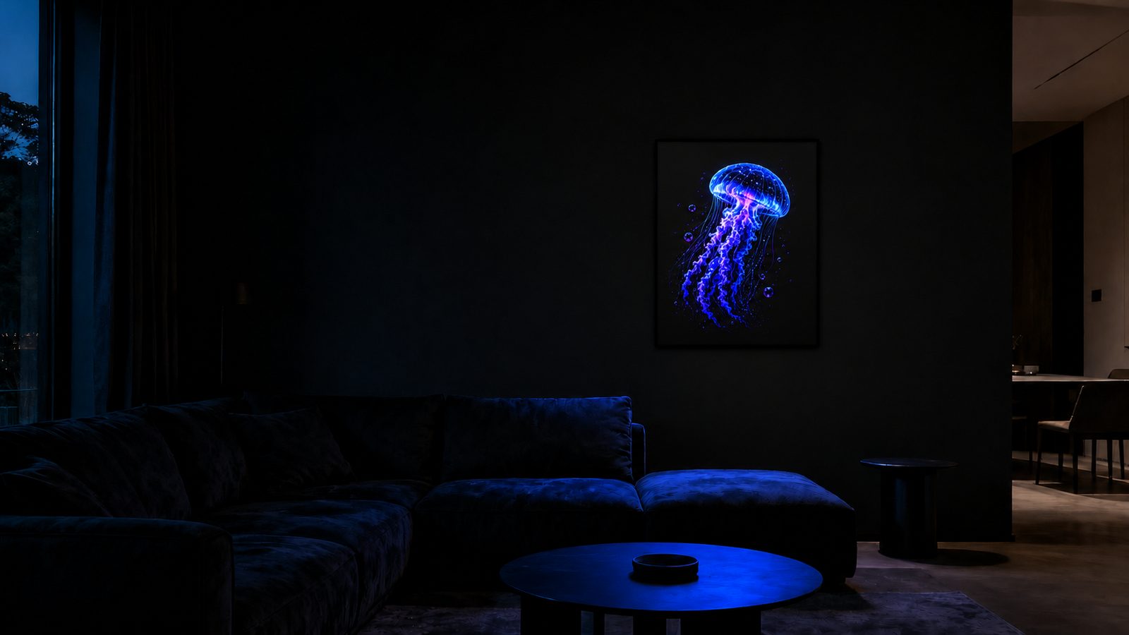 Glowing jellyfish wall art in a dark room