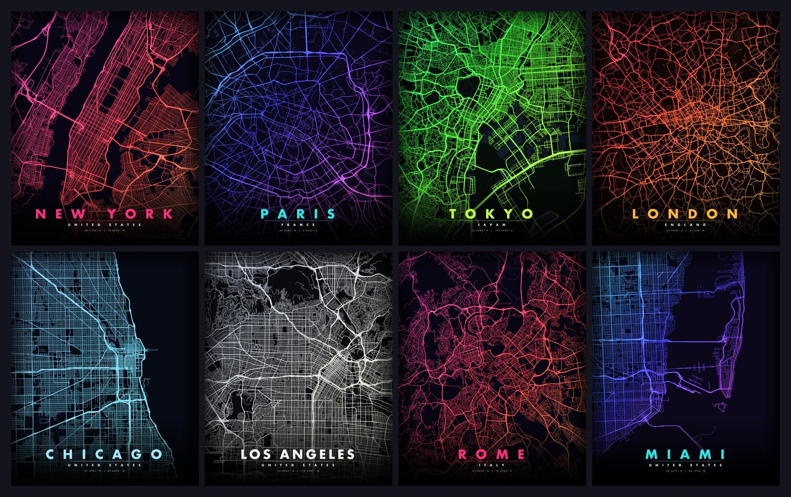 City Maps collection, eight glowing city street maps in different colorways, Luminity luminous wall art
