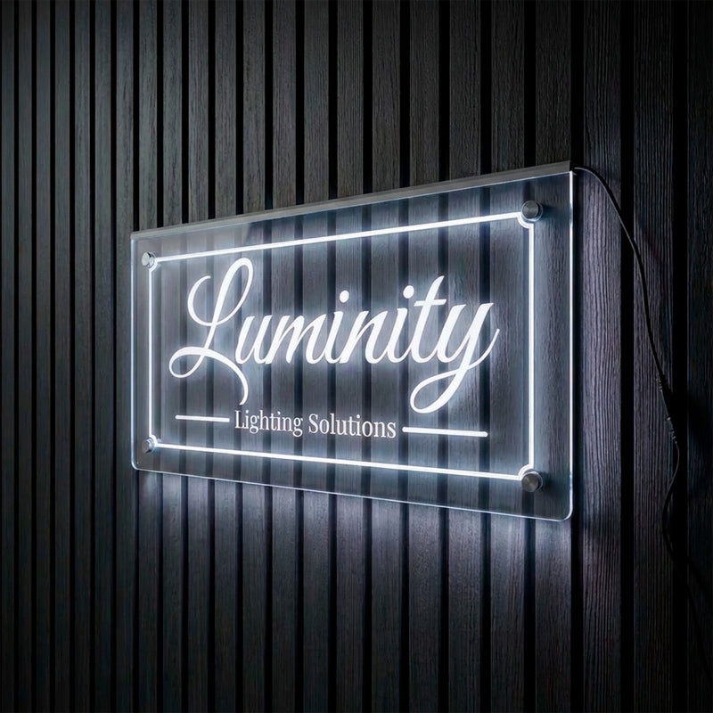 Custom edge-lit acrylic sign turned off, nearly clear panel LuminityCo