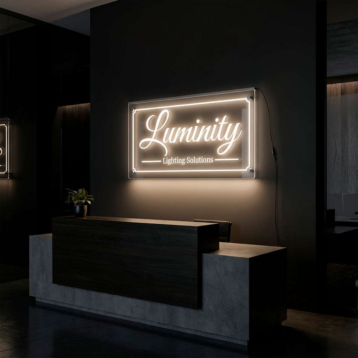 Custom edge-lit LED acrylic business sign glowing on office wall LuminityCo