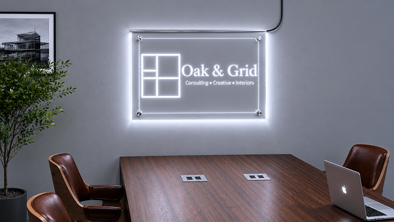 Custom edge-lit sign in home office LuminityCo