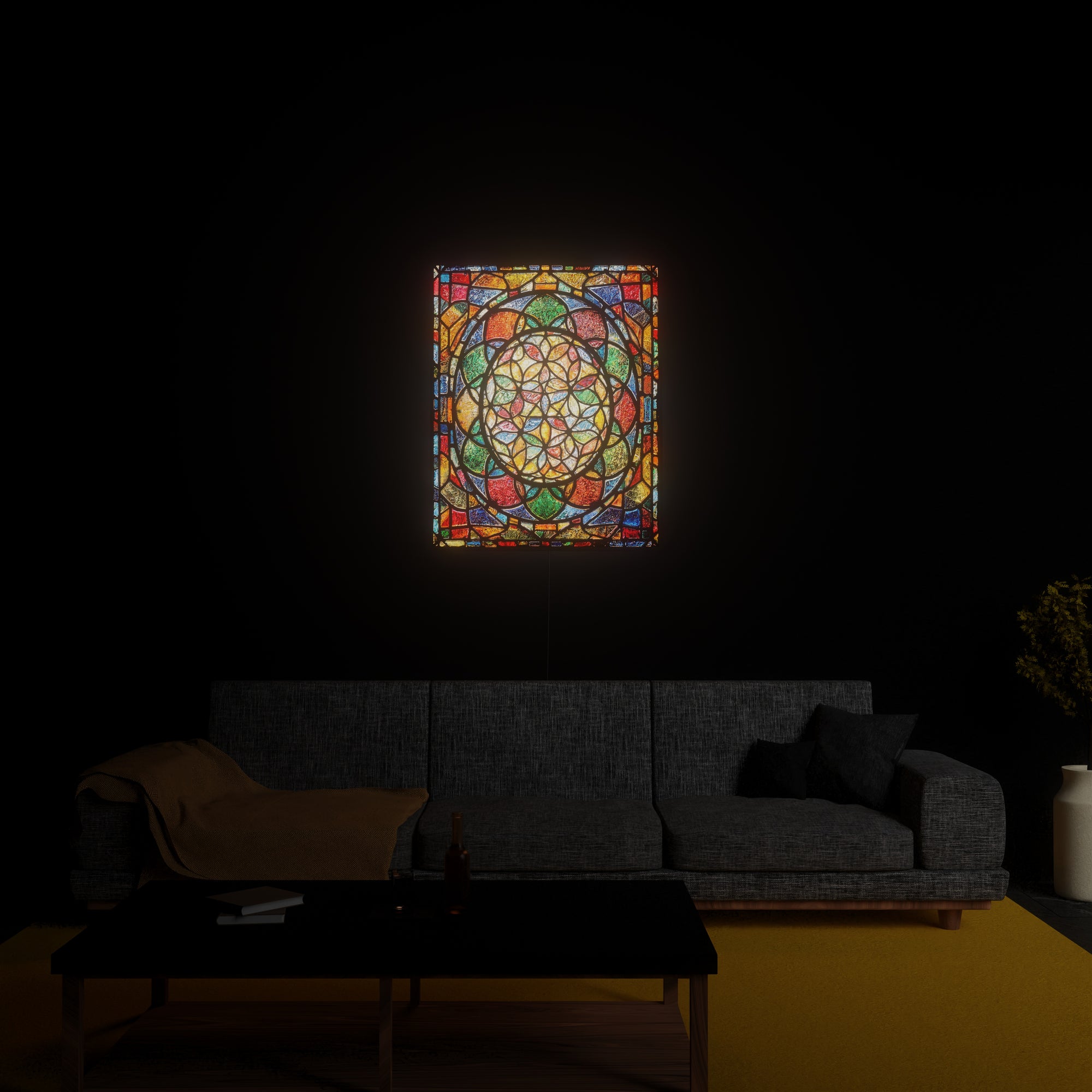 Flower of Life luminous wall art glowing in living room Luminity