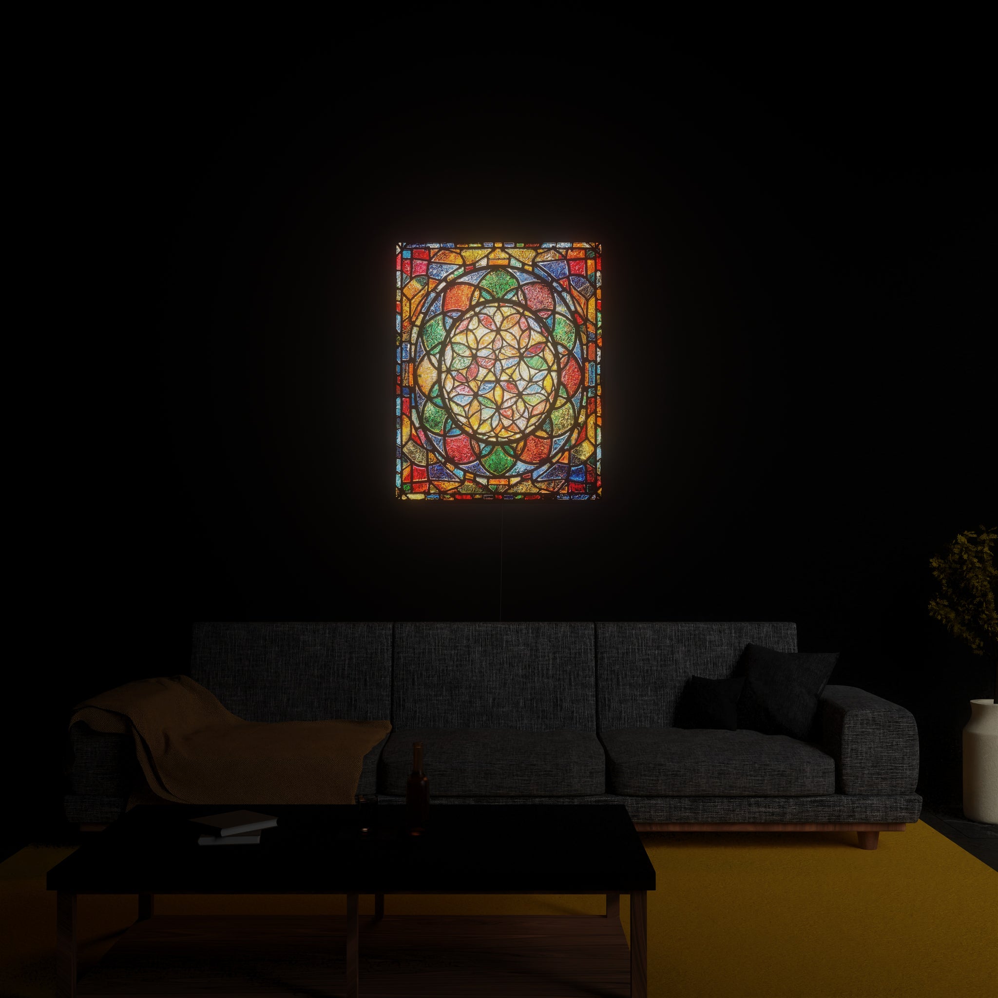 Flower of Life luminous wall art glowing in living room Luminity