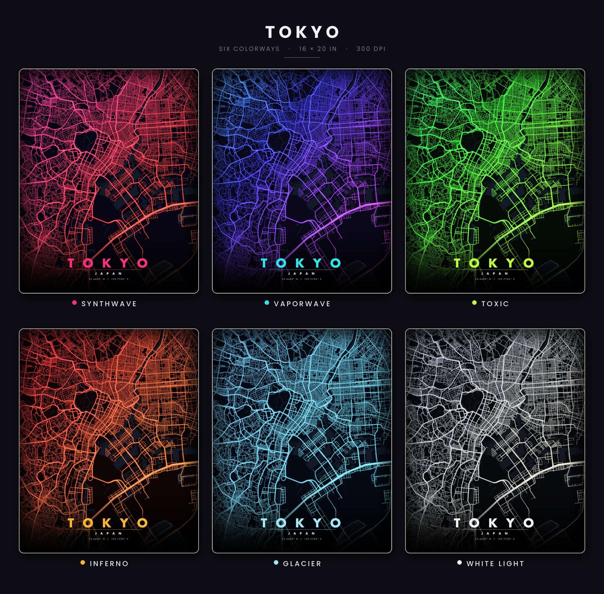Tokyo City Map luminous wall art all six glow colorways LuminityCo