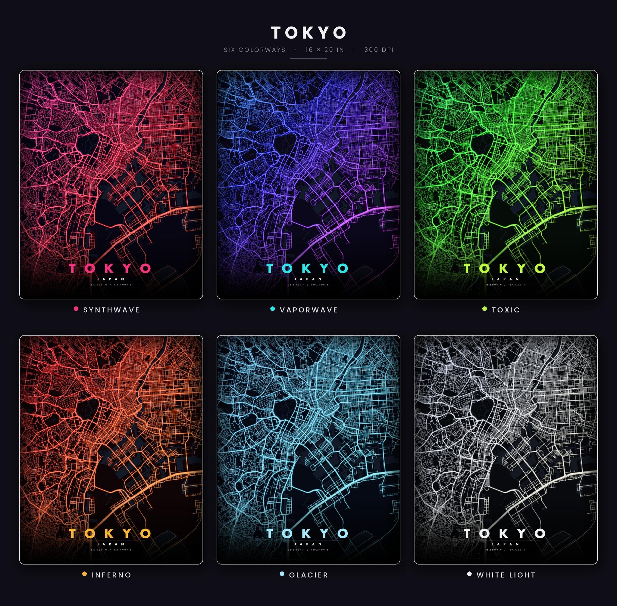 Tokyo City Map luminous wall art all six glow colorways LuminityCo
