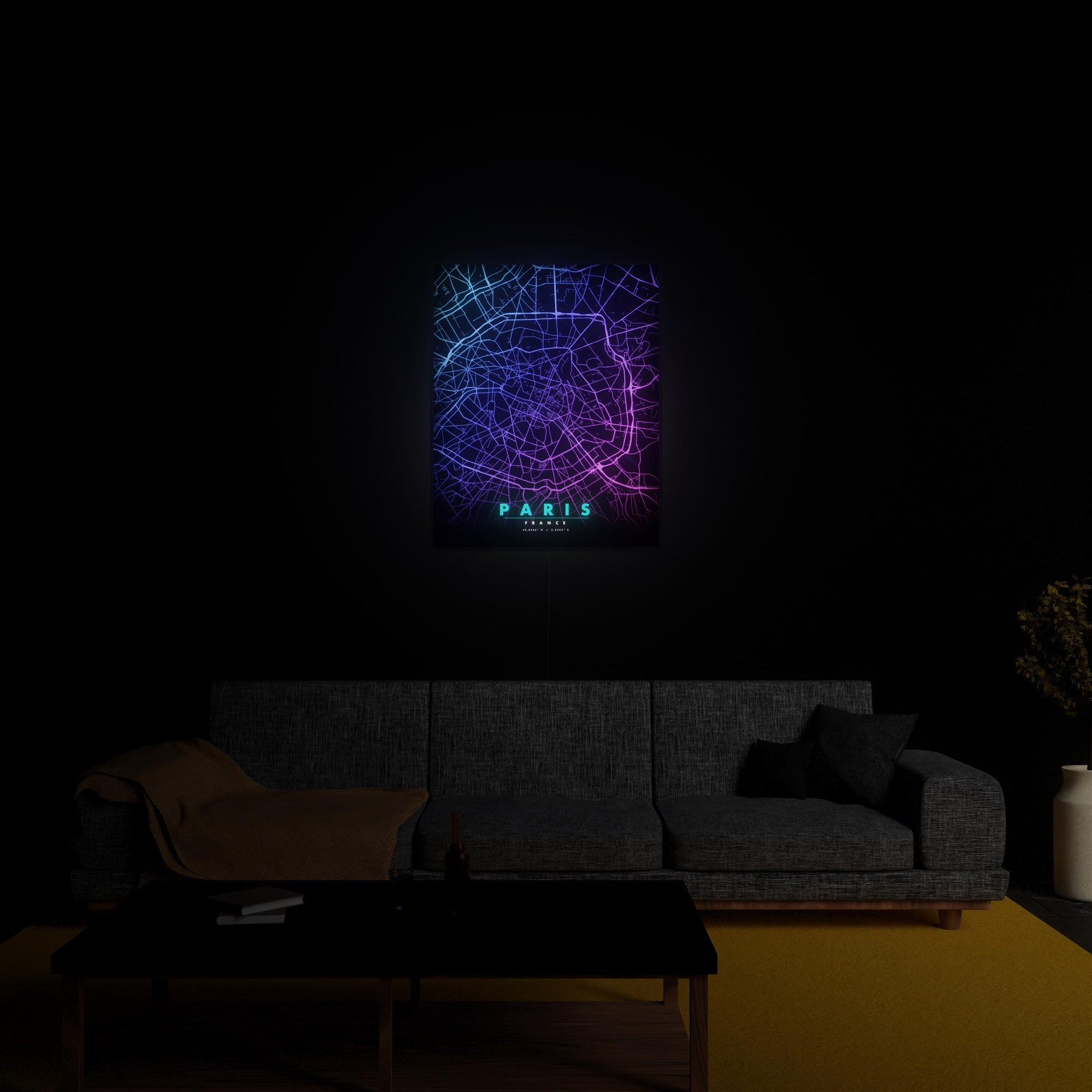 Paris City Map luminous wall art glowing in living room LuminityCo