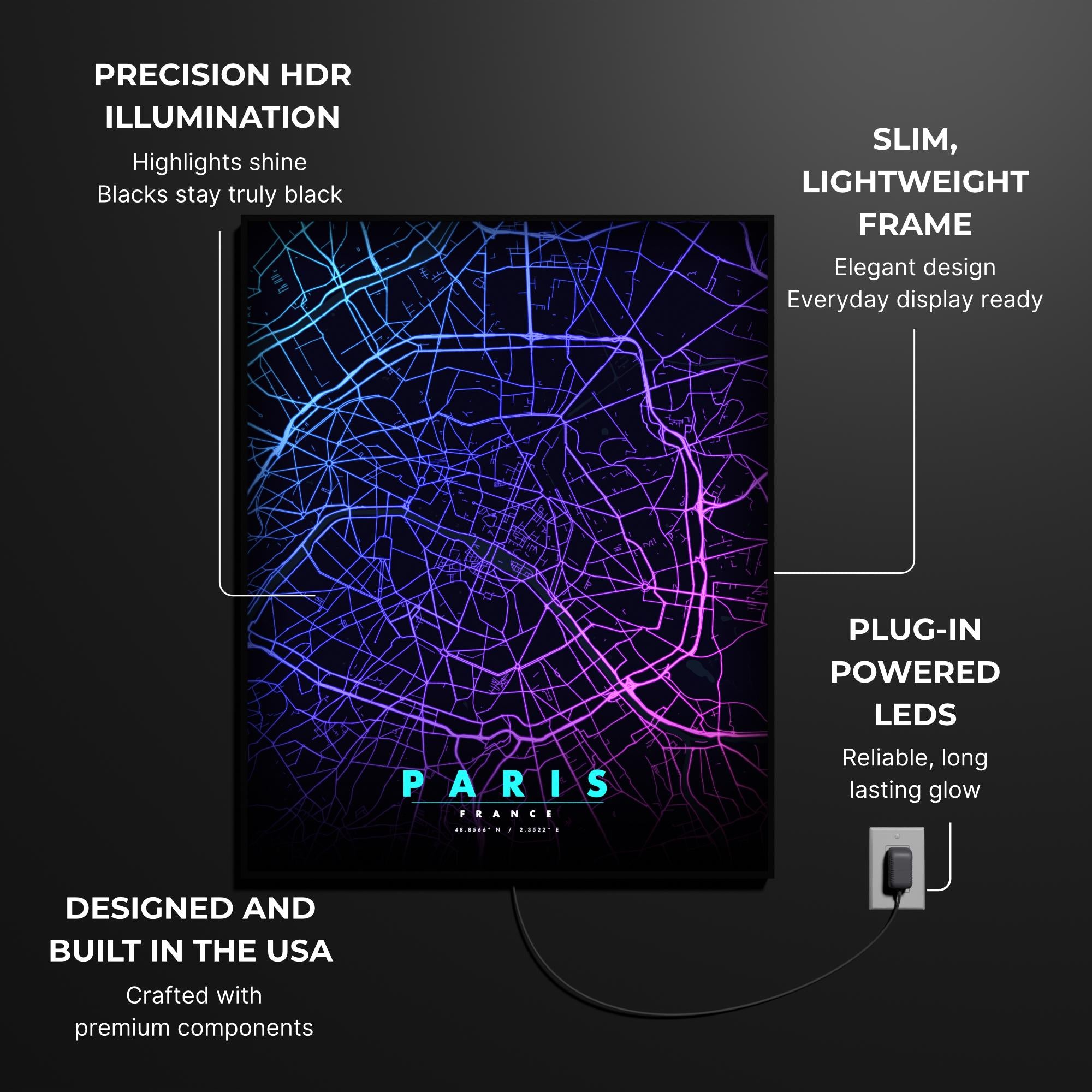 Paris City Map luminous wall art lit in dark room LuminityCo