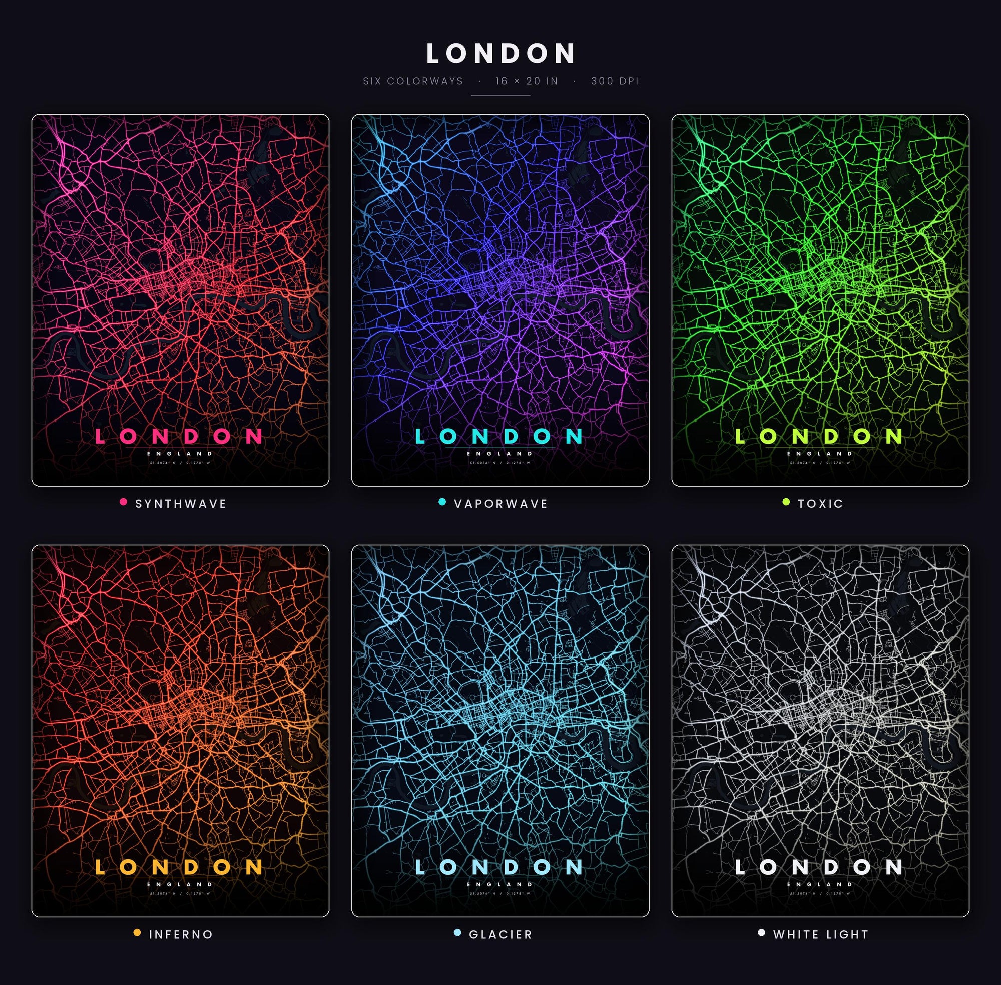 London City Map luminous wall art all six glow colorways LuminityCo
