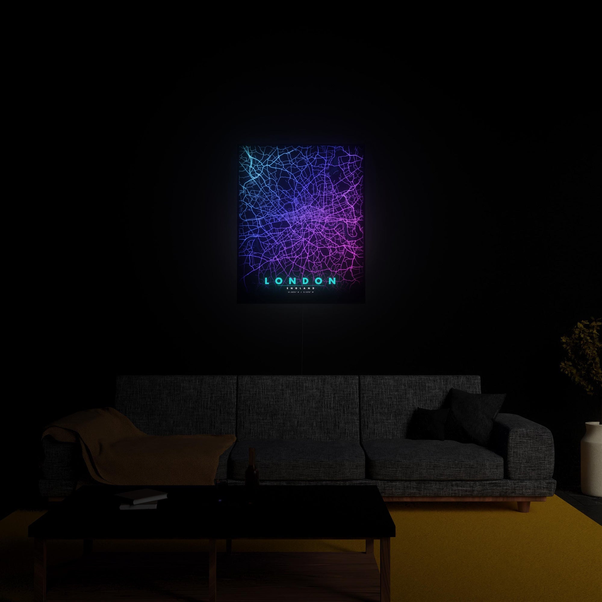London City Map luminous wall art glowing in living room LuminityCo