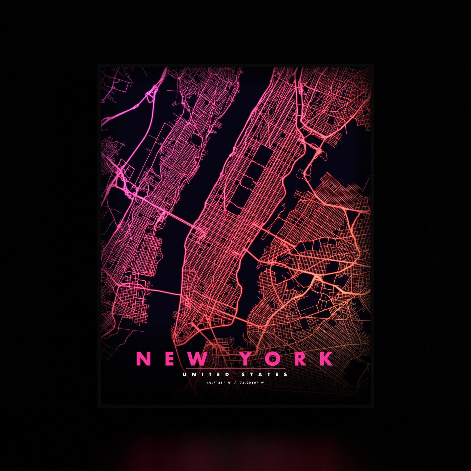 New York City Map luminous wall art glowing Synthwave on black LuminityCo