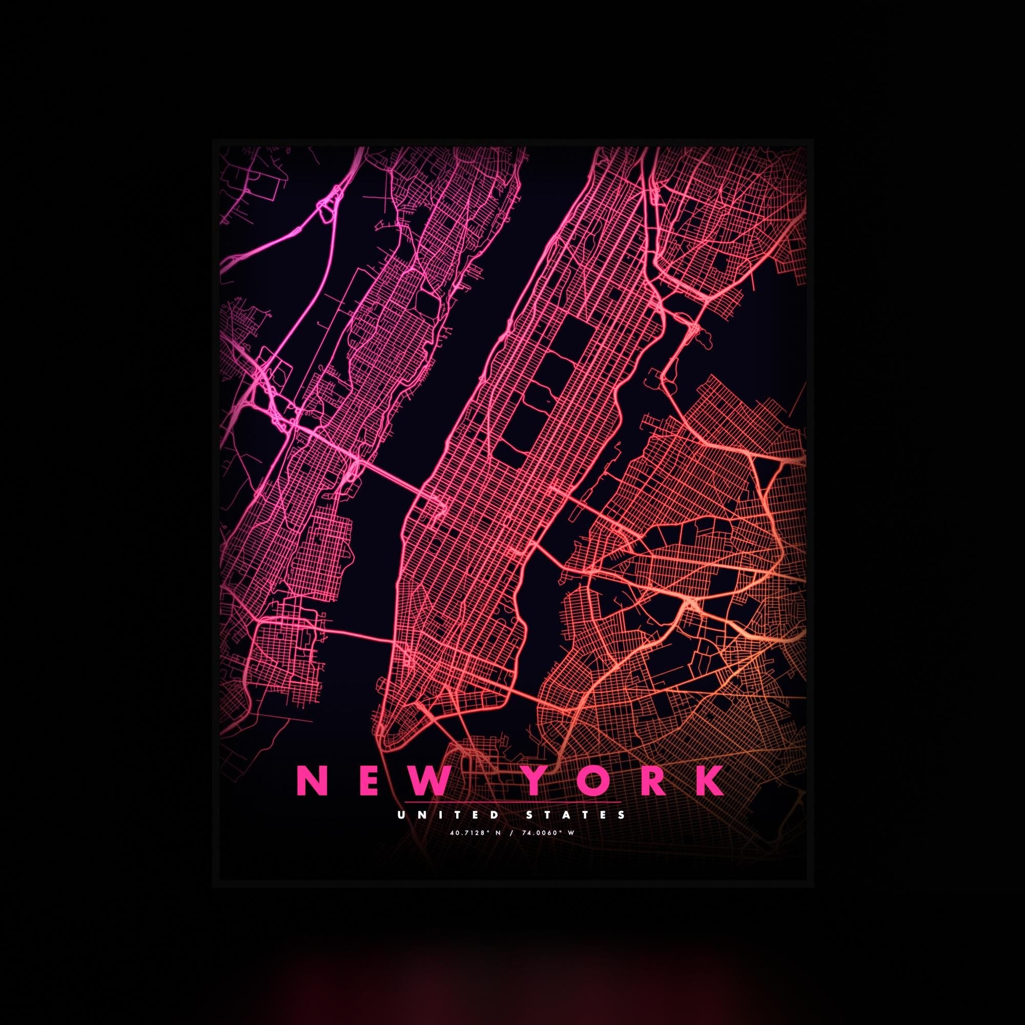 New York City Map luminous wall art glowing Synthwave on black LuminityCo
