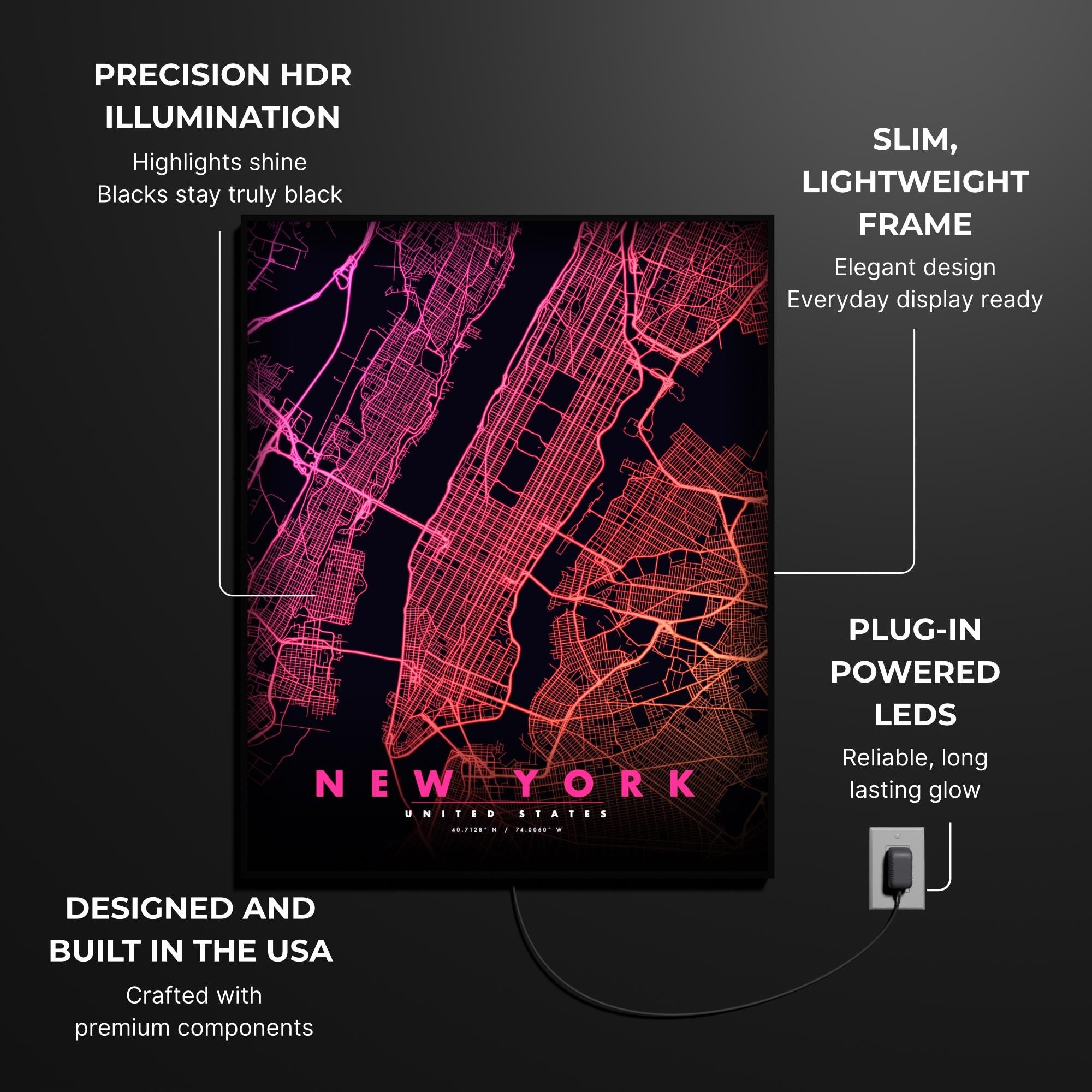 New York City Map luminous wall art lit in dark room LuminityCo