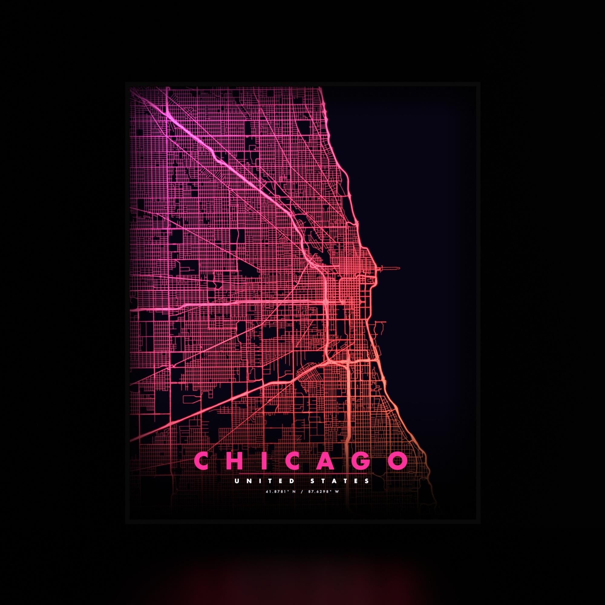 Chicago City Map luminous wall art dark frame LuminityCo