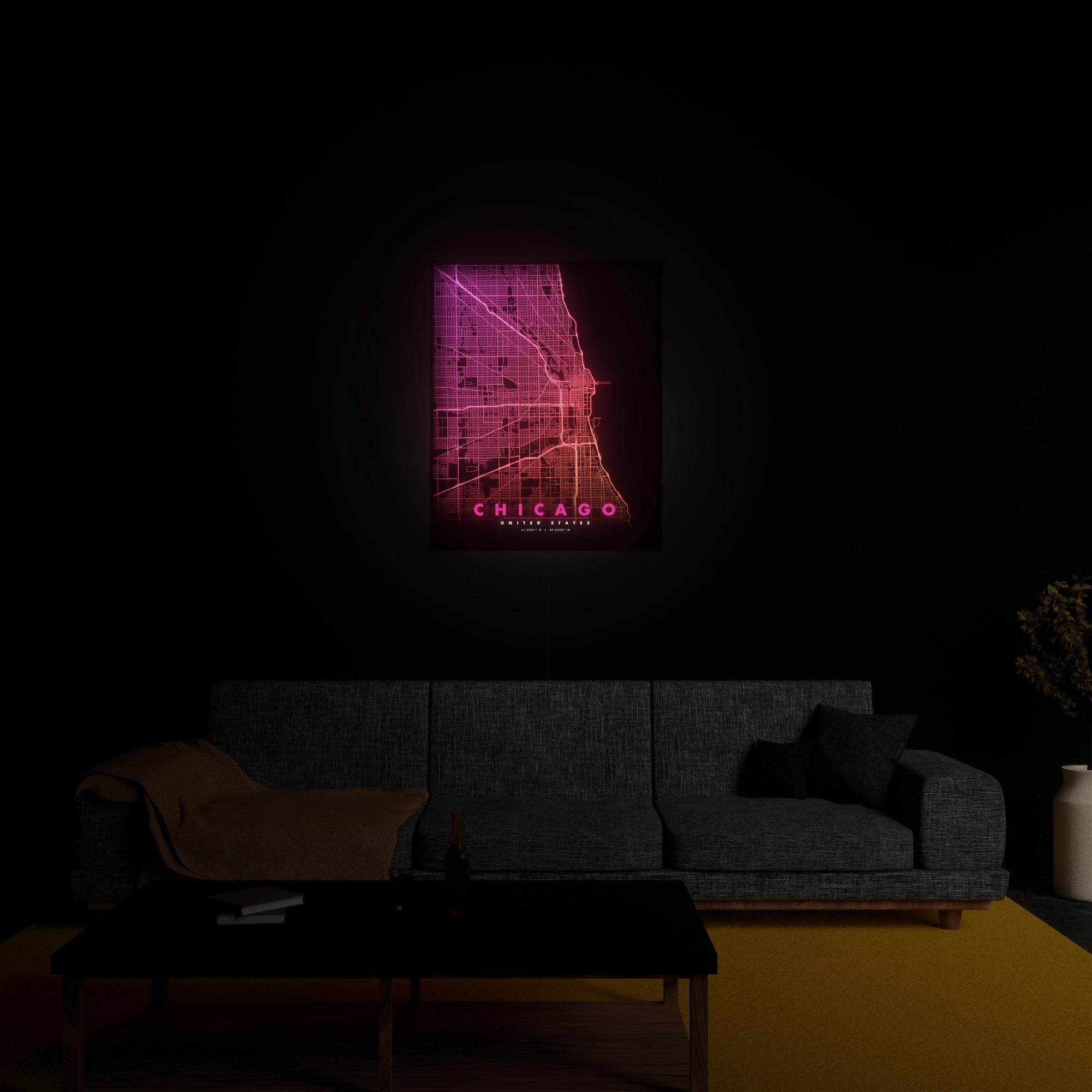 Chicago City Map luminous wall art glowing in living room LuminityCo