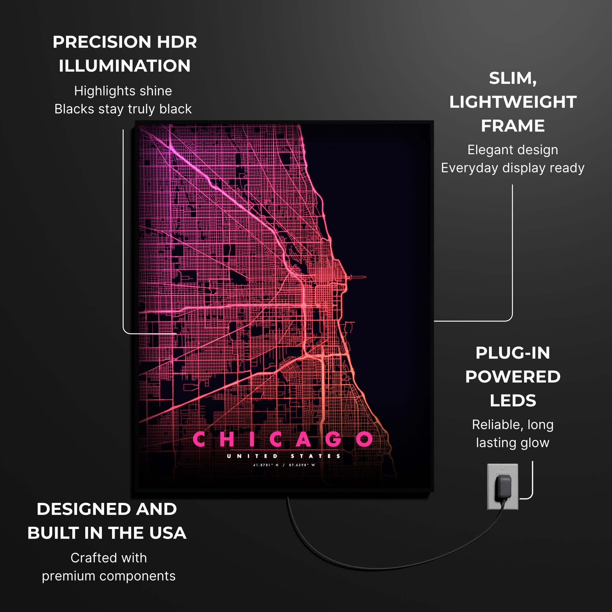 Chicago City Map luminous wall art lit in dark room LuminityCo