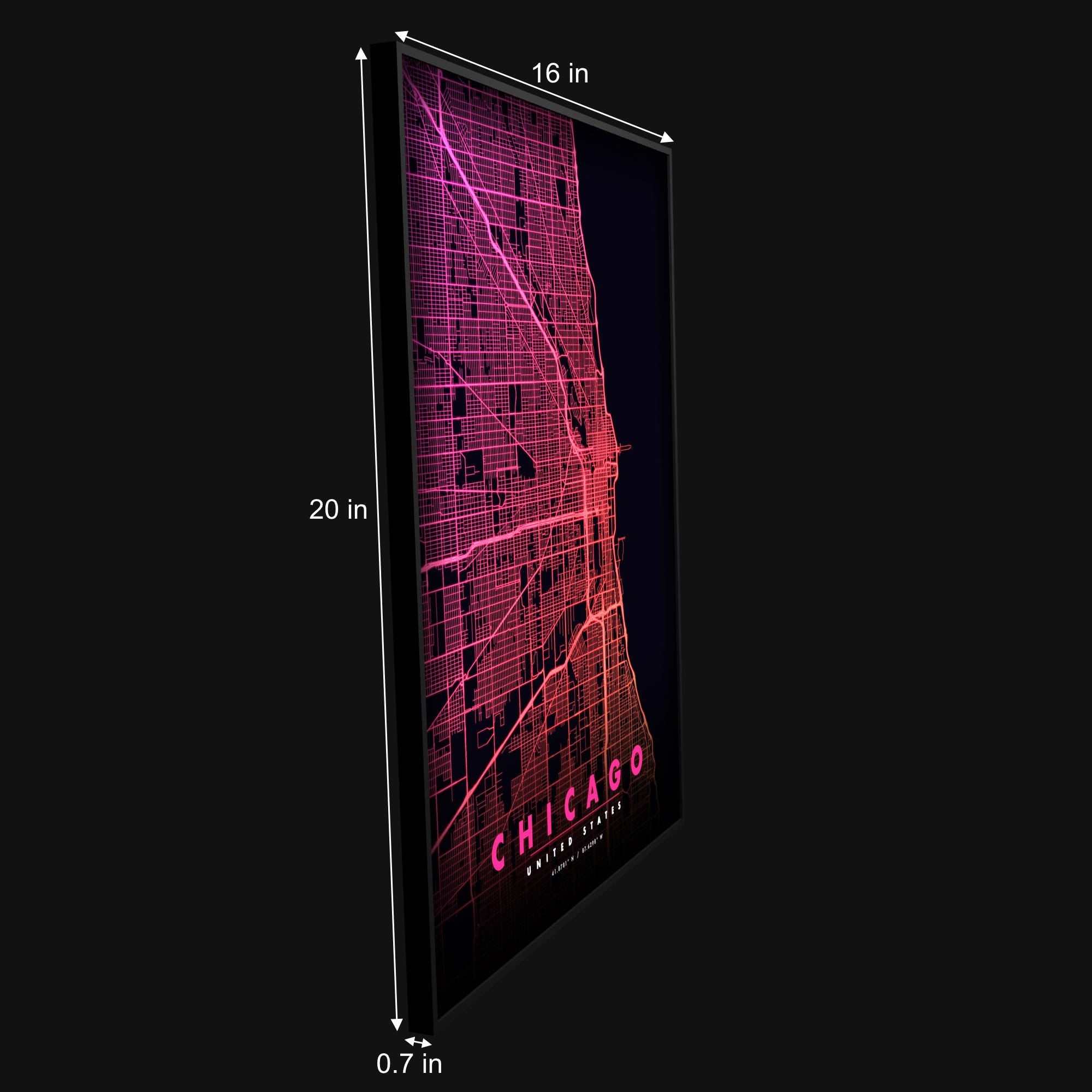 Chicago City Map luminous wall art size reference 20 by 16 inches LuminityCo