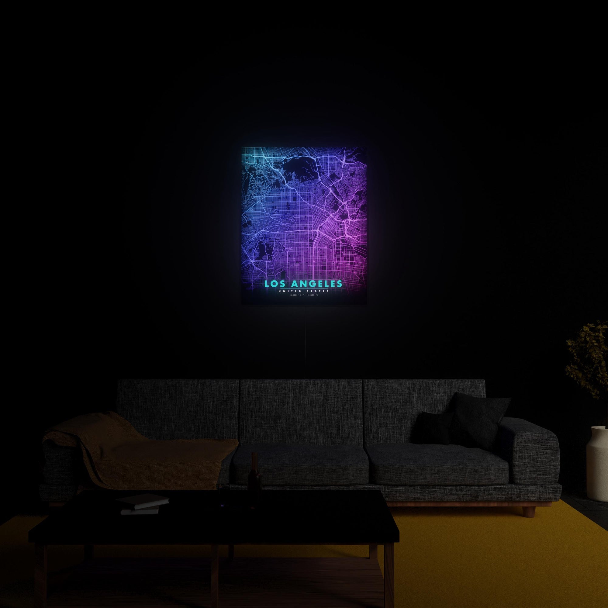 Los Angeles City Map luminous wall art glowing in living room LuminityCo
