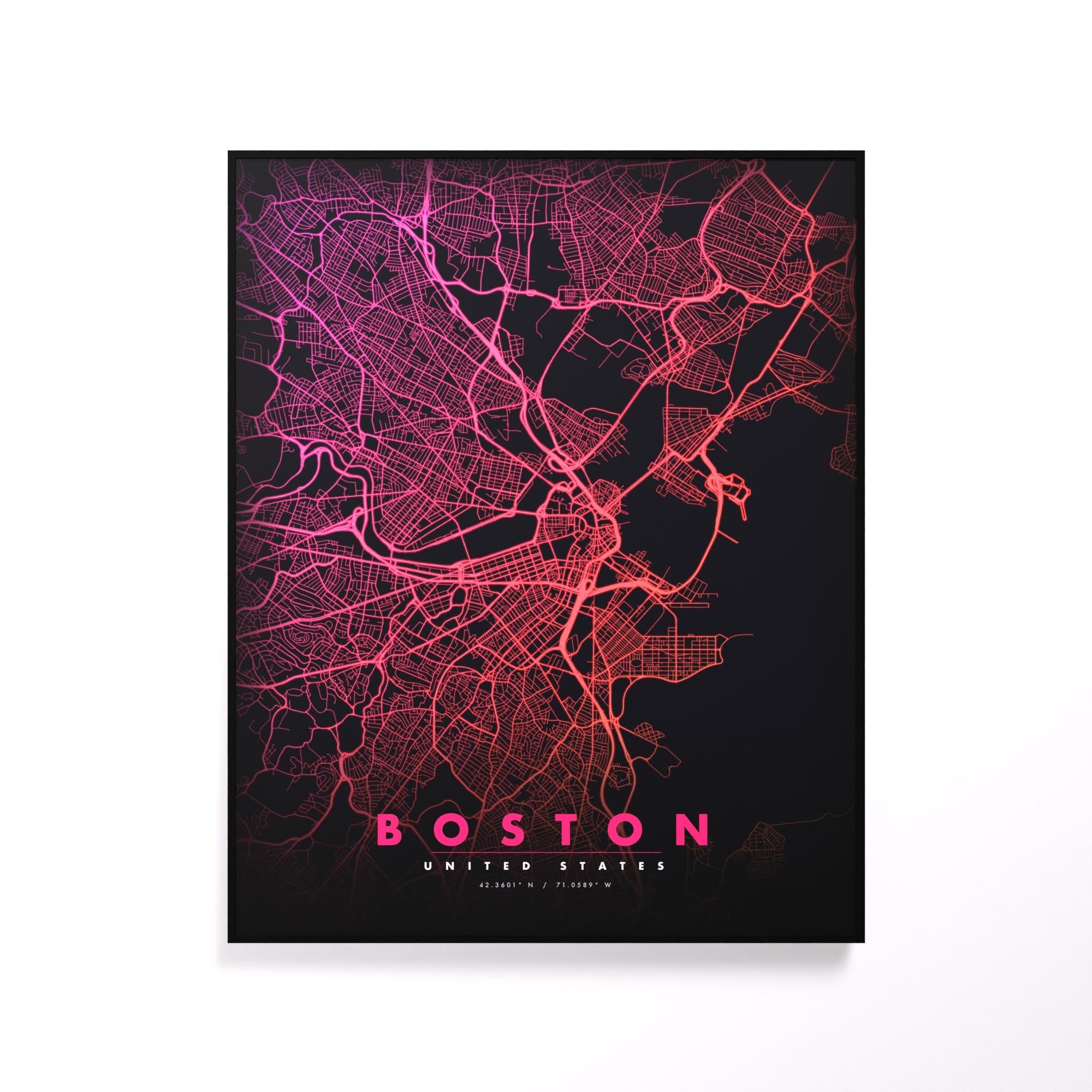 Boston City Map luminous wall art glowing on wall LuminityCo