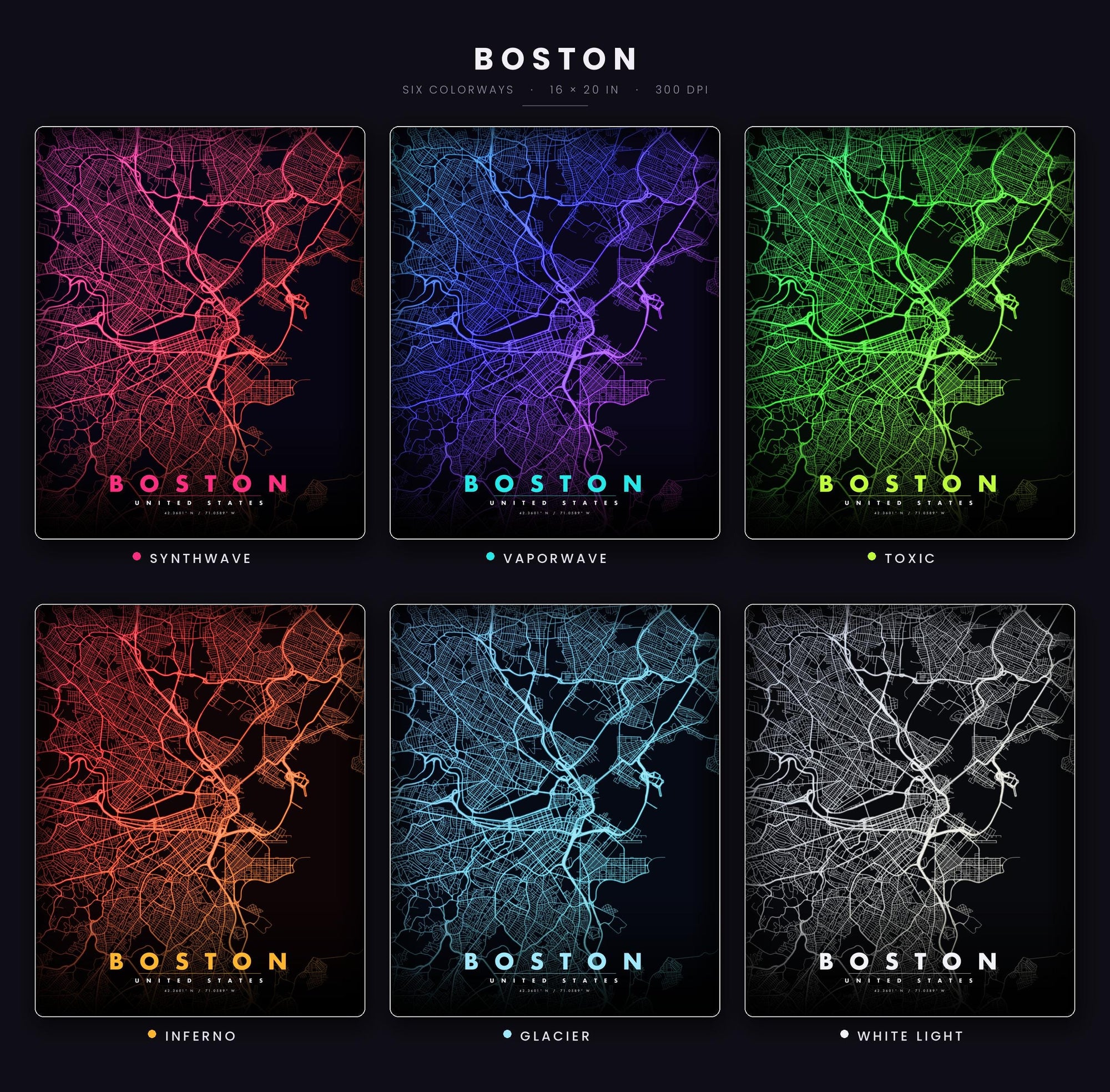 Boston City Map luminous wall art all six glow colorways LuminityCo