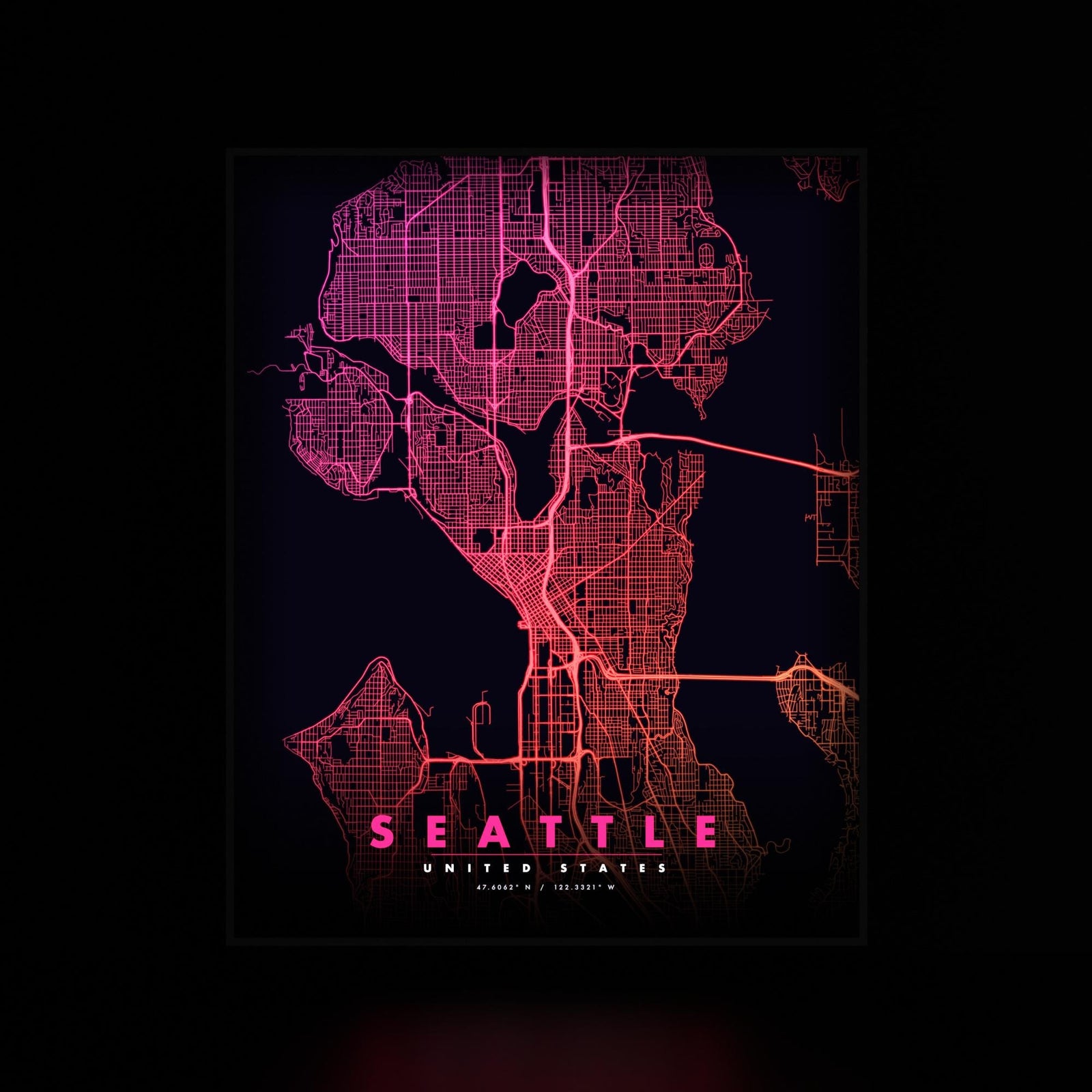 Seattle City Map luminous wall art dark frame LuminityCo