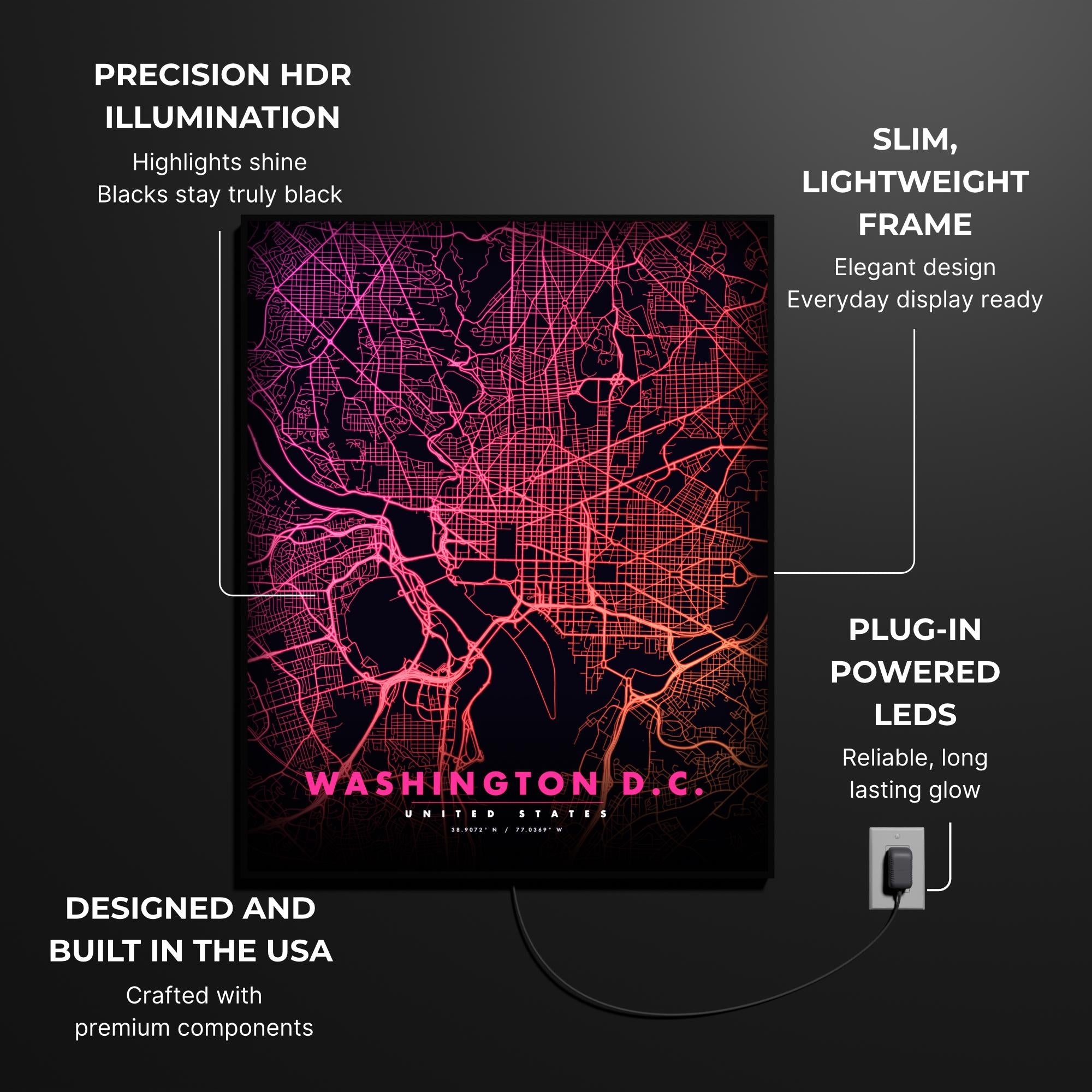 Washington DC City Map luminous wall art lit in dark room LuminityCo