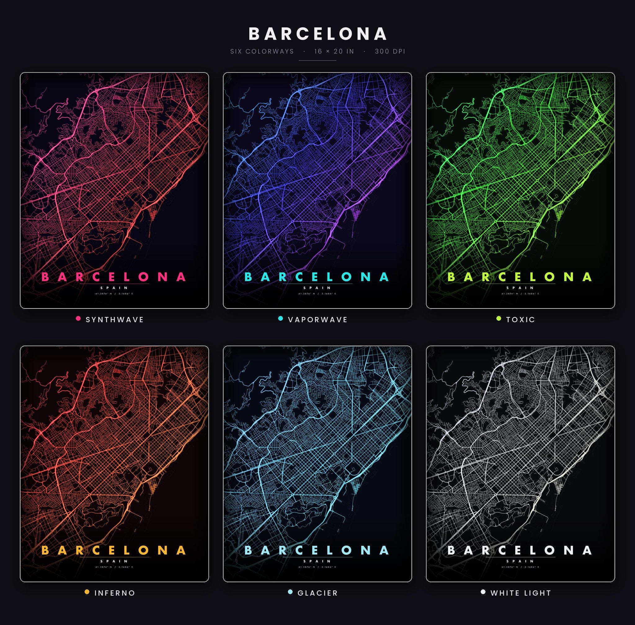 Barcelona City Map luminous wall art all six glow colorways LuminityCo