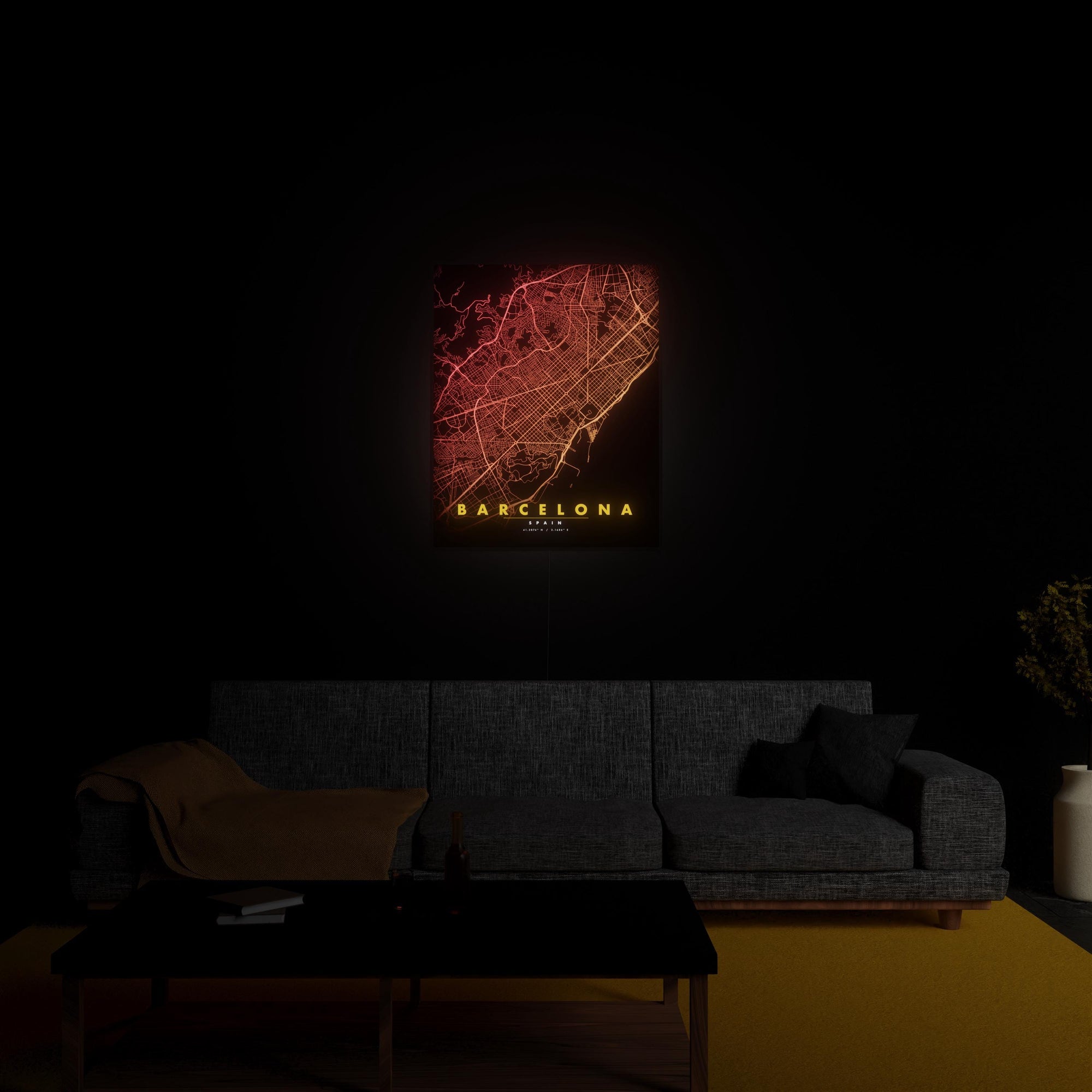 Barcelona City Map luminous wall art glowing in living room LuminityCo