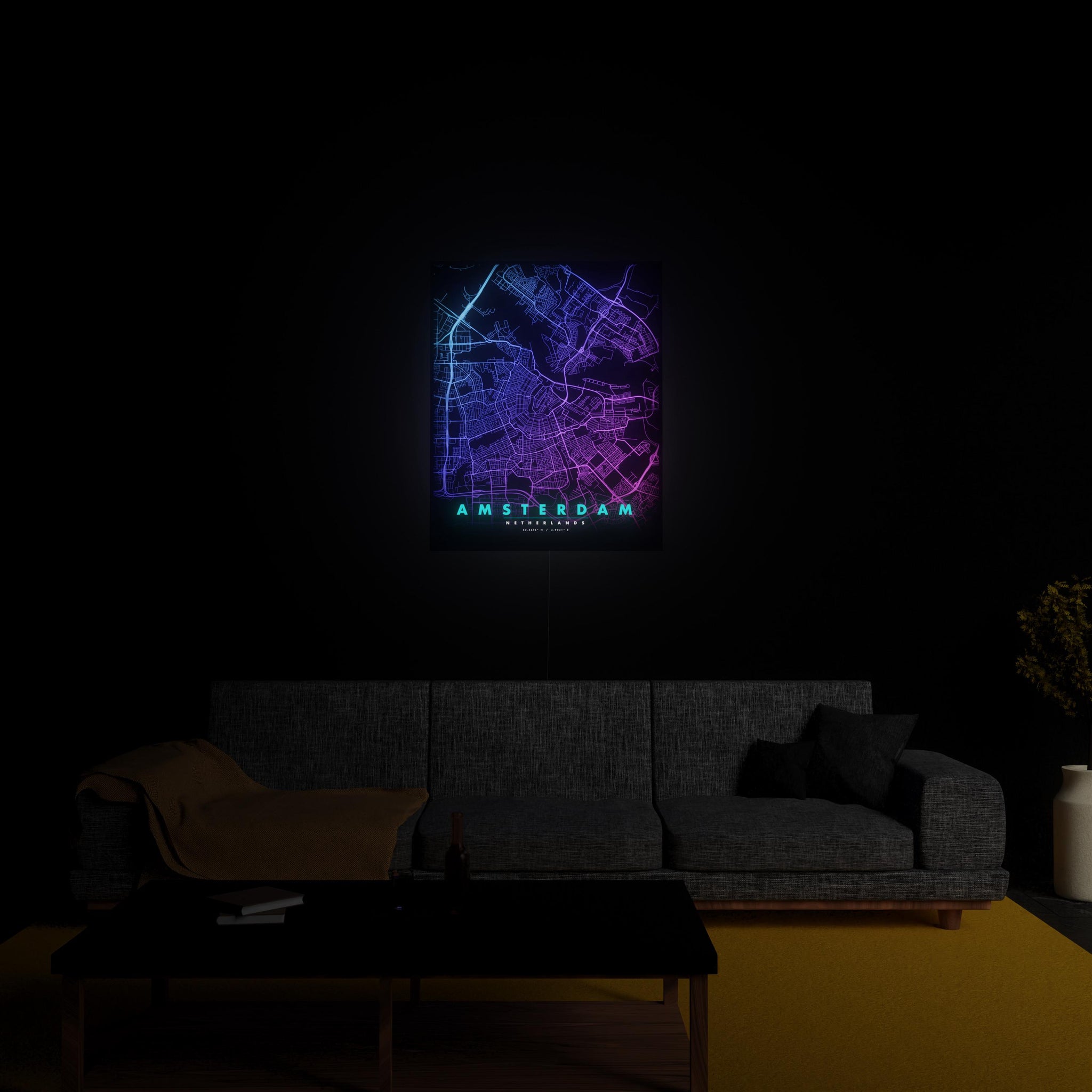 Amsterdam City Map luminous wall art glowing in living room LuminityCo