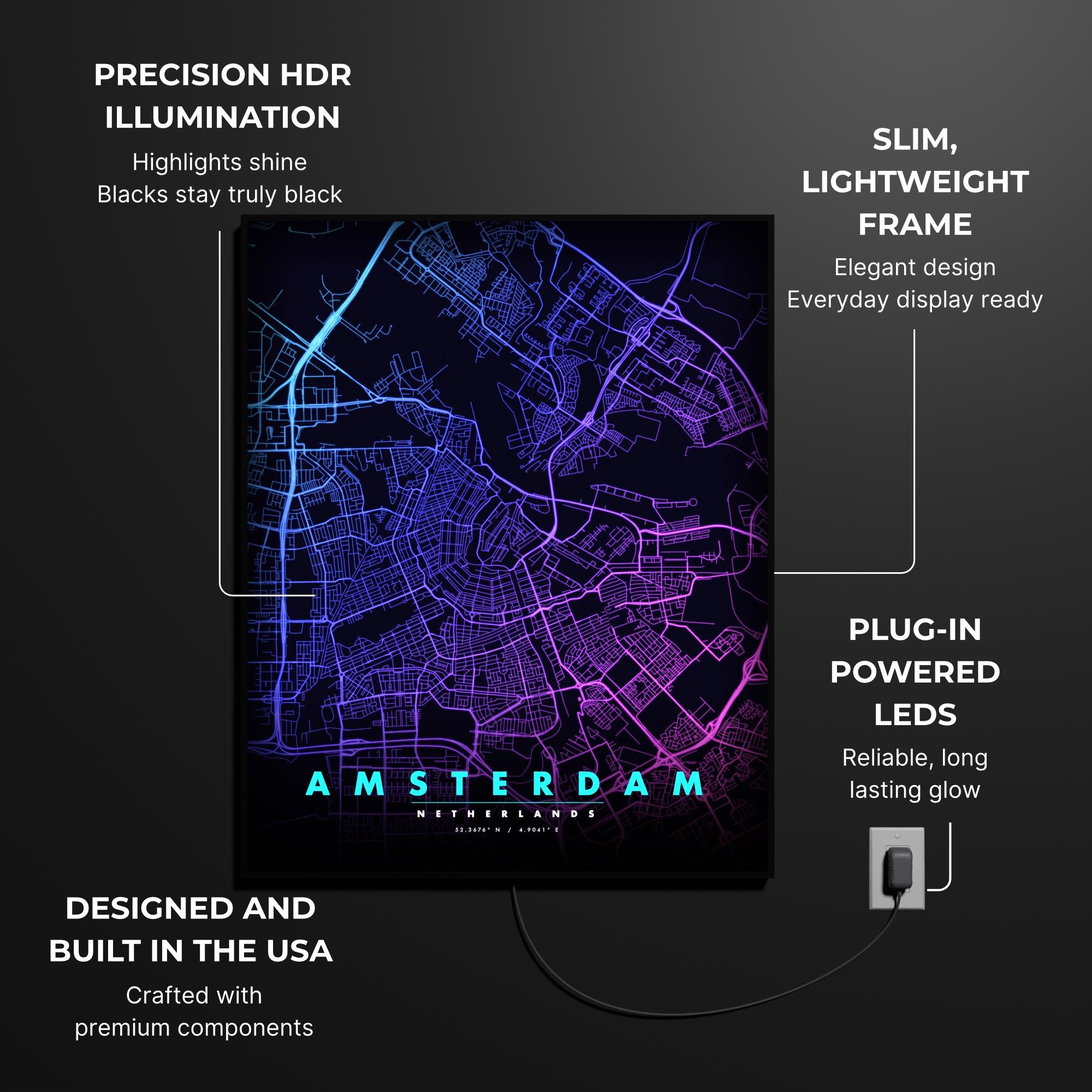 Amsterdam City Map luminous wall art lit in dark room LuminityCo