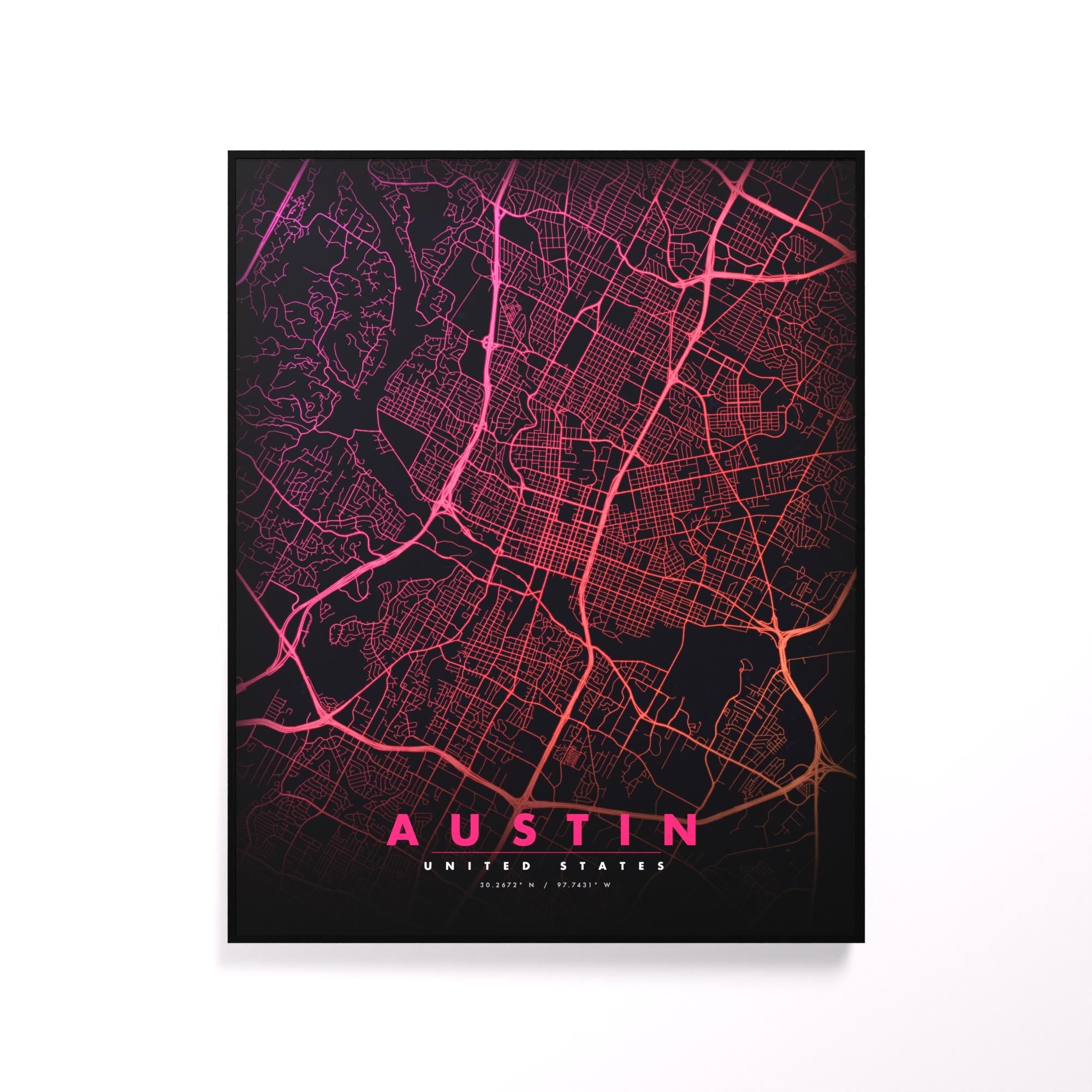 Austin City Map luminous wall art glowing on wall LuminityCo