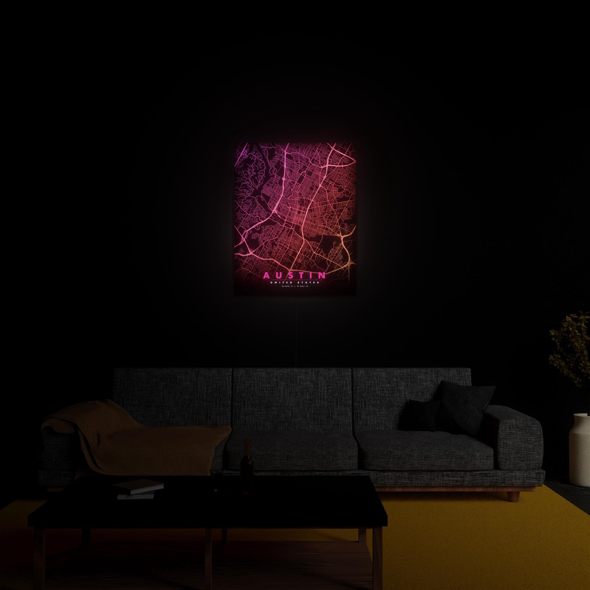 Austin City Map luminous wall art glowing in living room LuminityCo