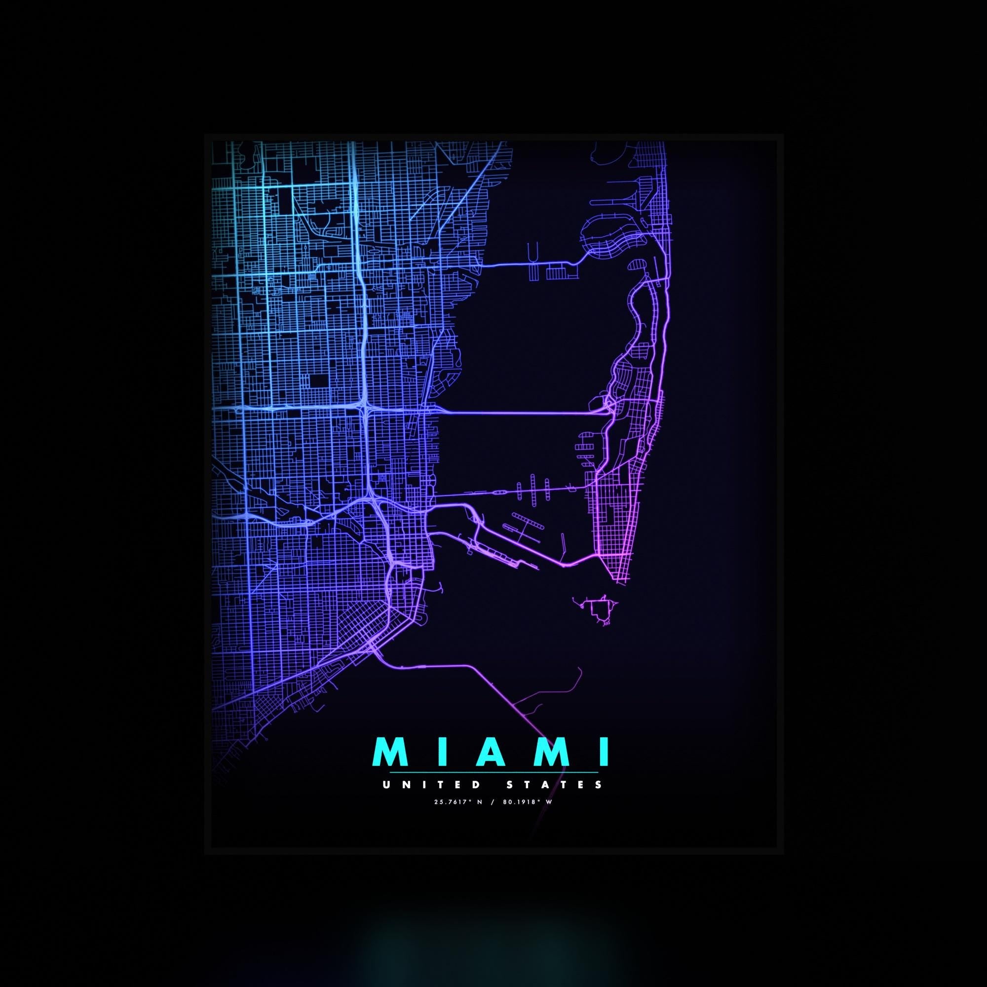 Miami City Map luminous wall art dark frame LuminityCo