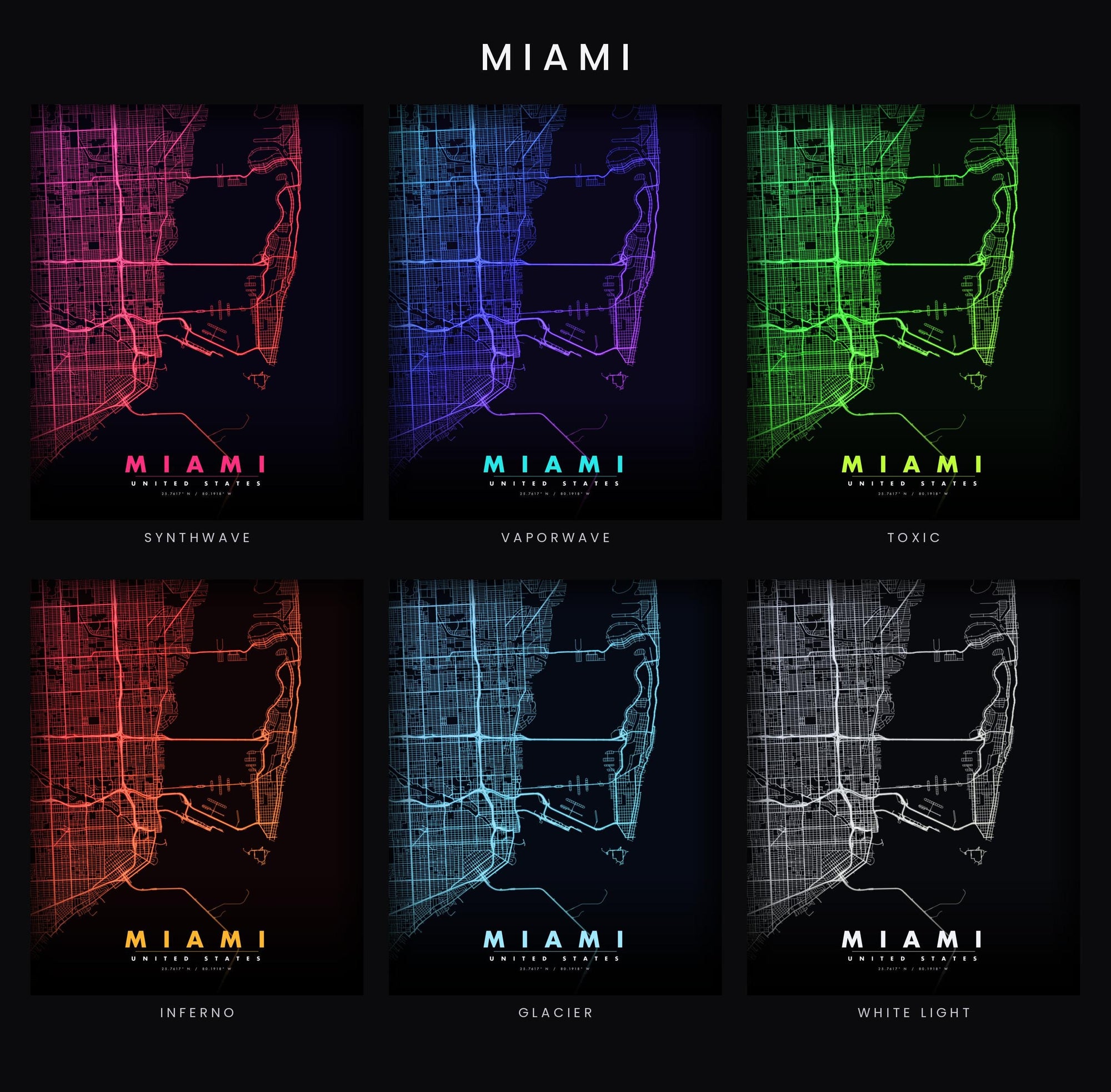 Miami City Map luminous wall art all six glow colorways LuminityCo
