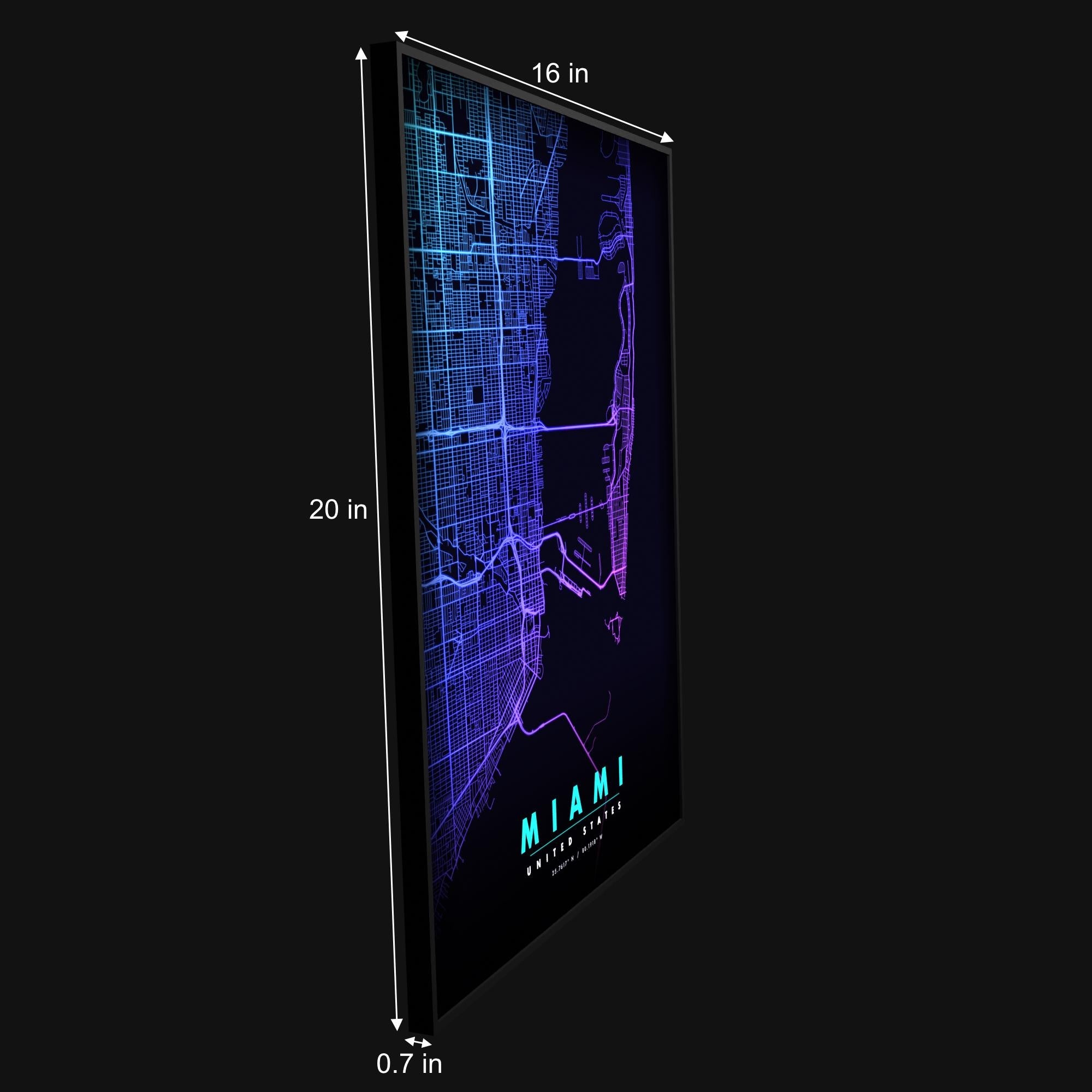 Miami City Map luminous wall art size reference 20 by 16 inches LuminityCo
