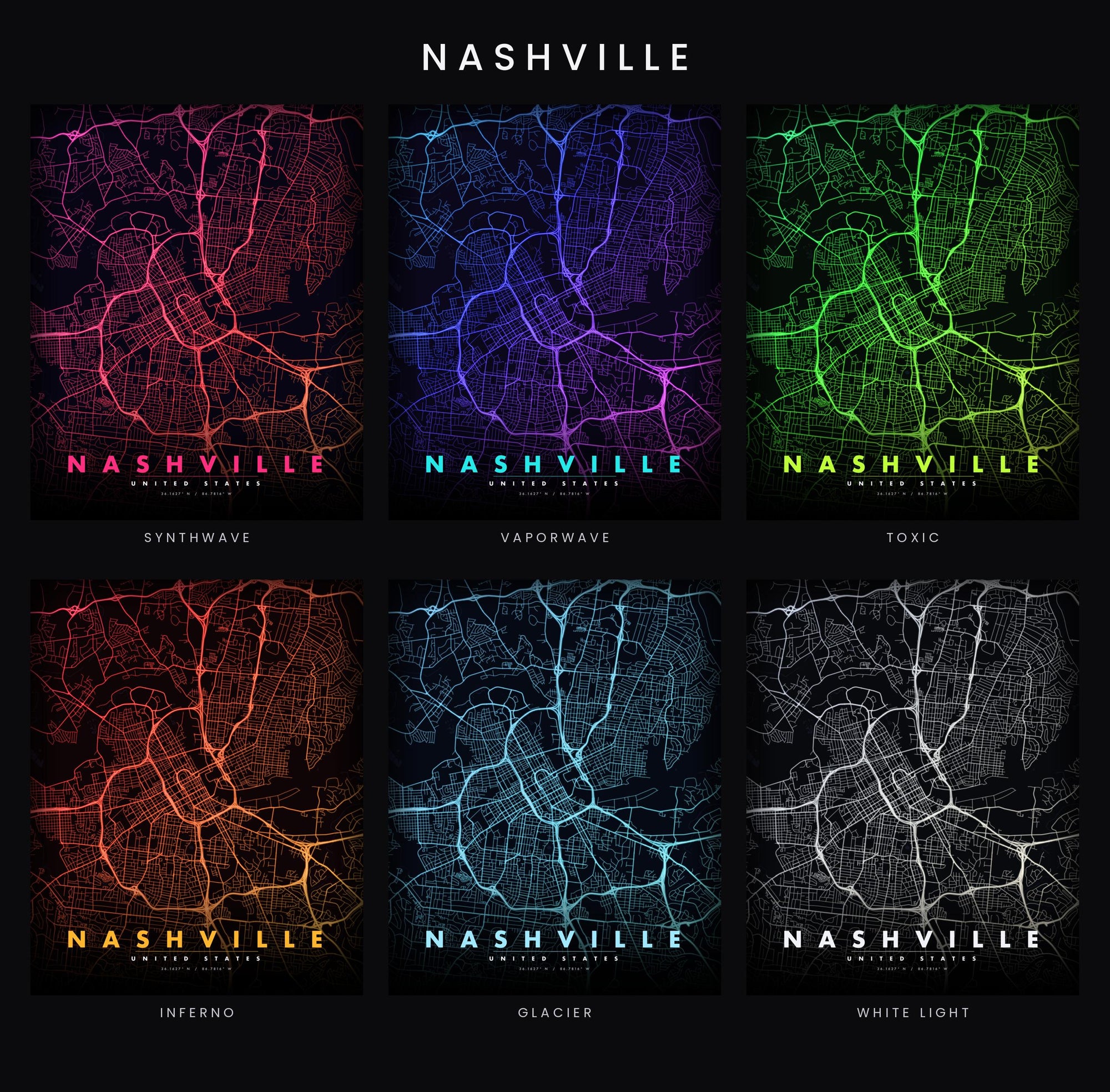 Nashville City Map luminous wall art all six glow colorways LuminityCo