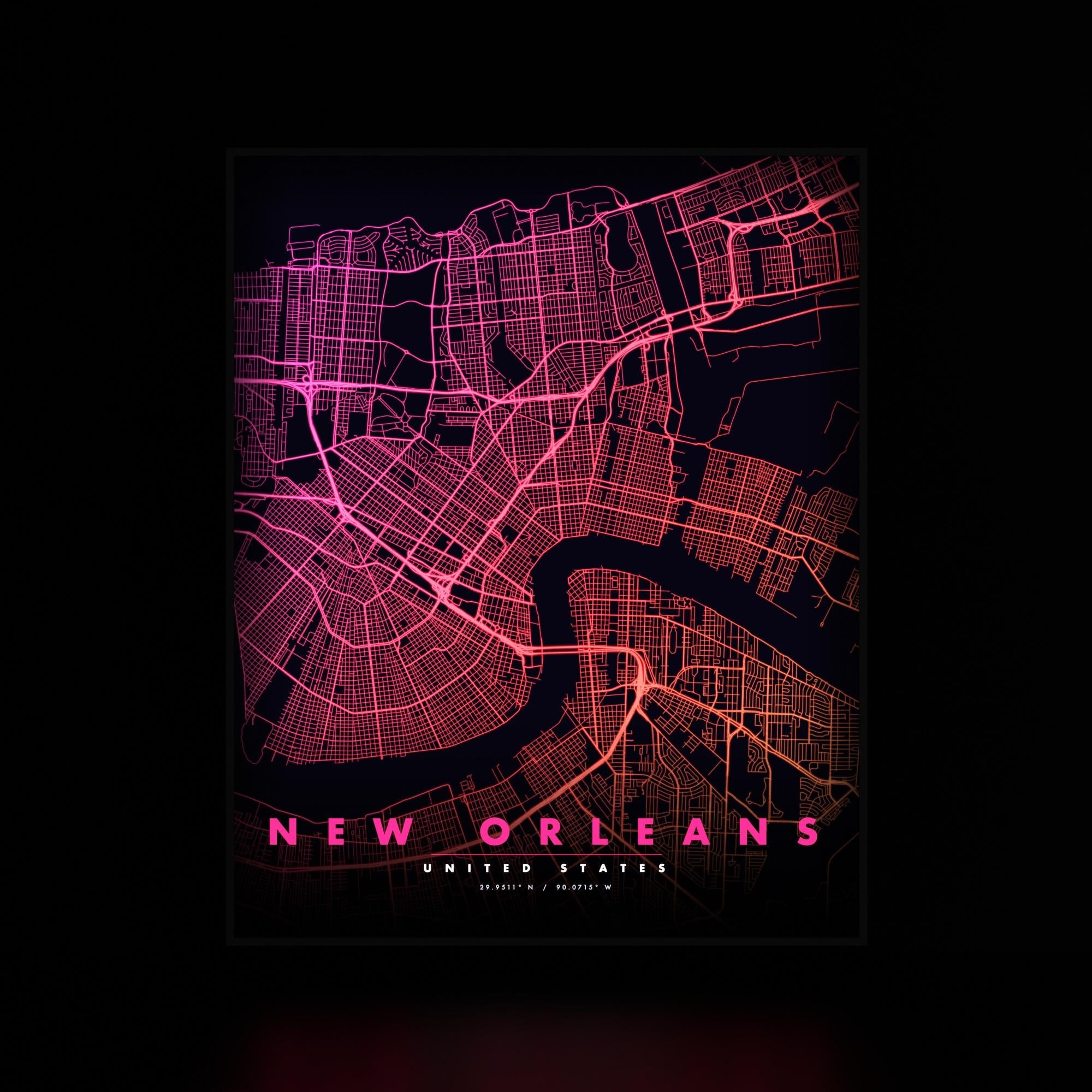 New Orleans City Map luminous wall art dark frame LuminityCo