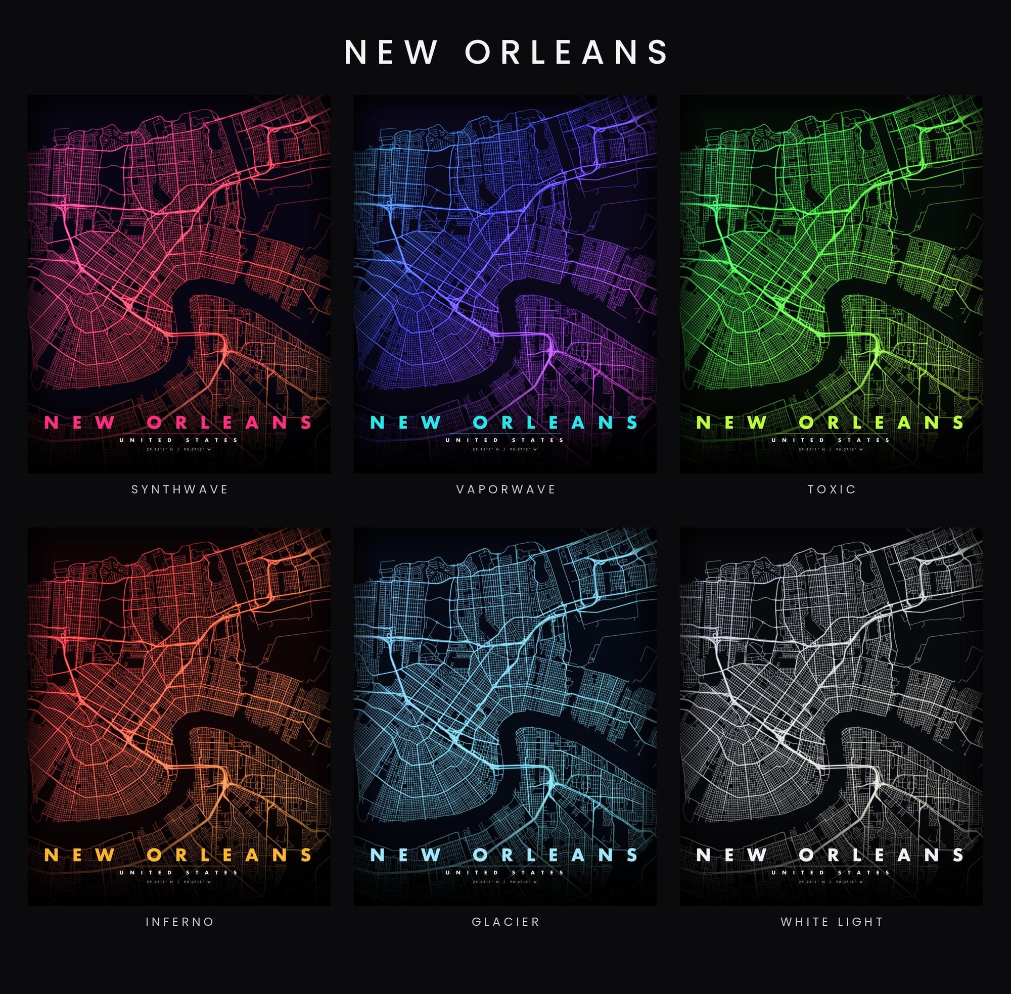 New Orleans City Map luminous wall art all six glow colorways LuminityCo