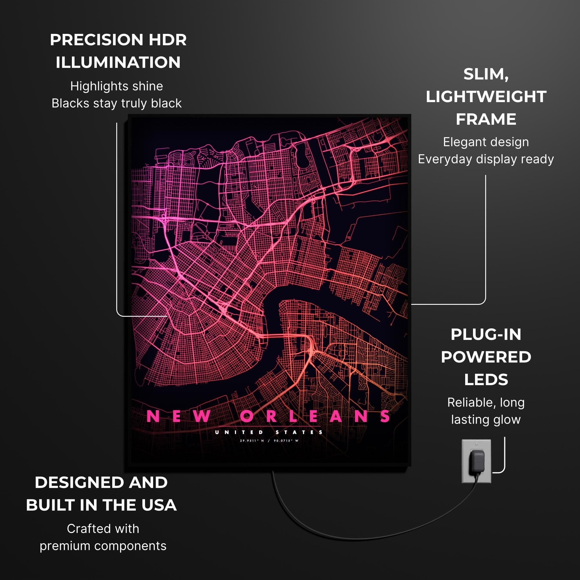 New Orleans City Map luminous wall art lit in dark room LuminityCo