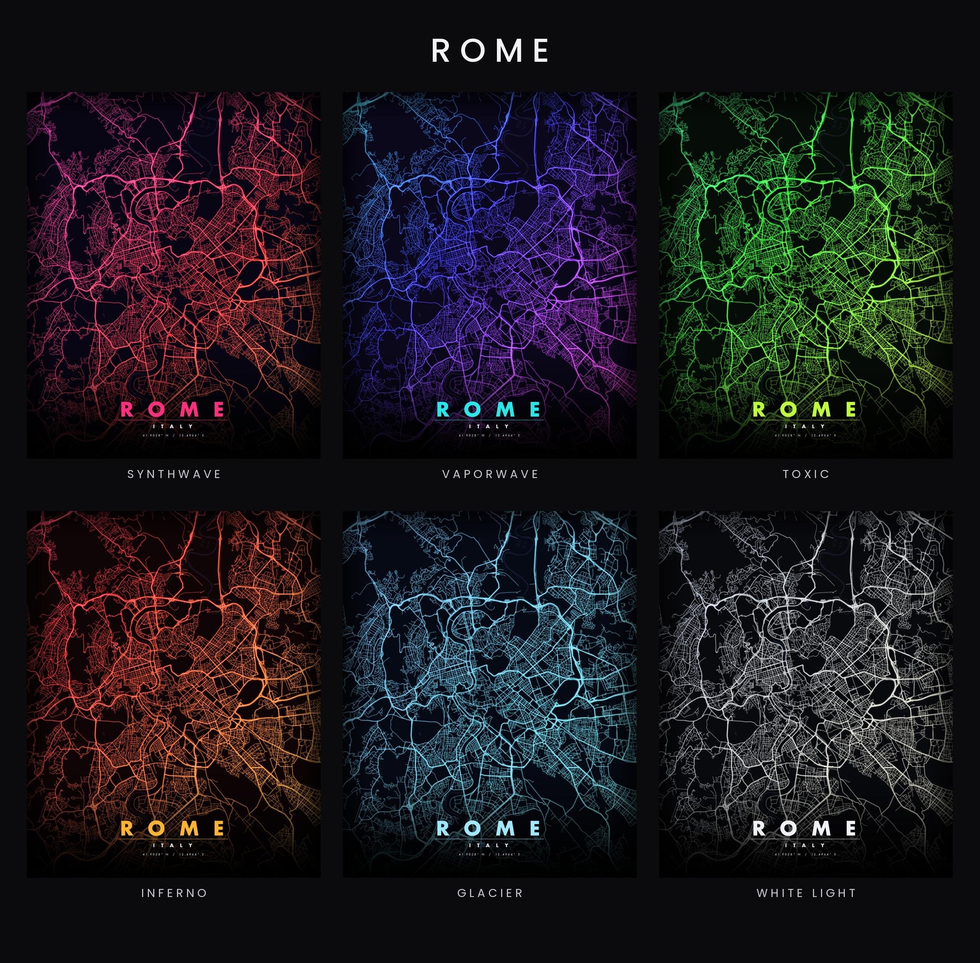 Rome City Map luminous wall art all six glow colorways LuminityCo