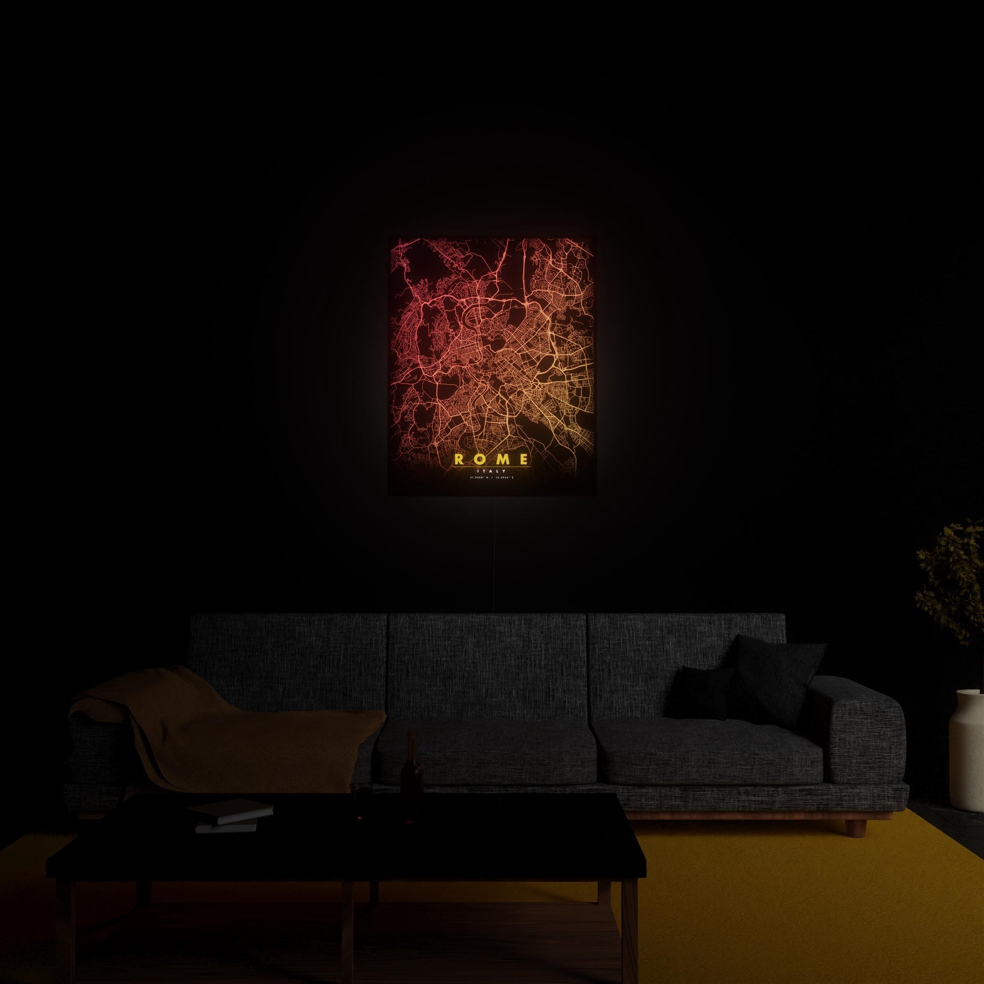 Rome City Map luminous wall art glowing in living room LuminityCo