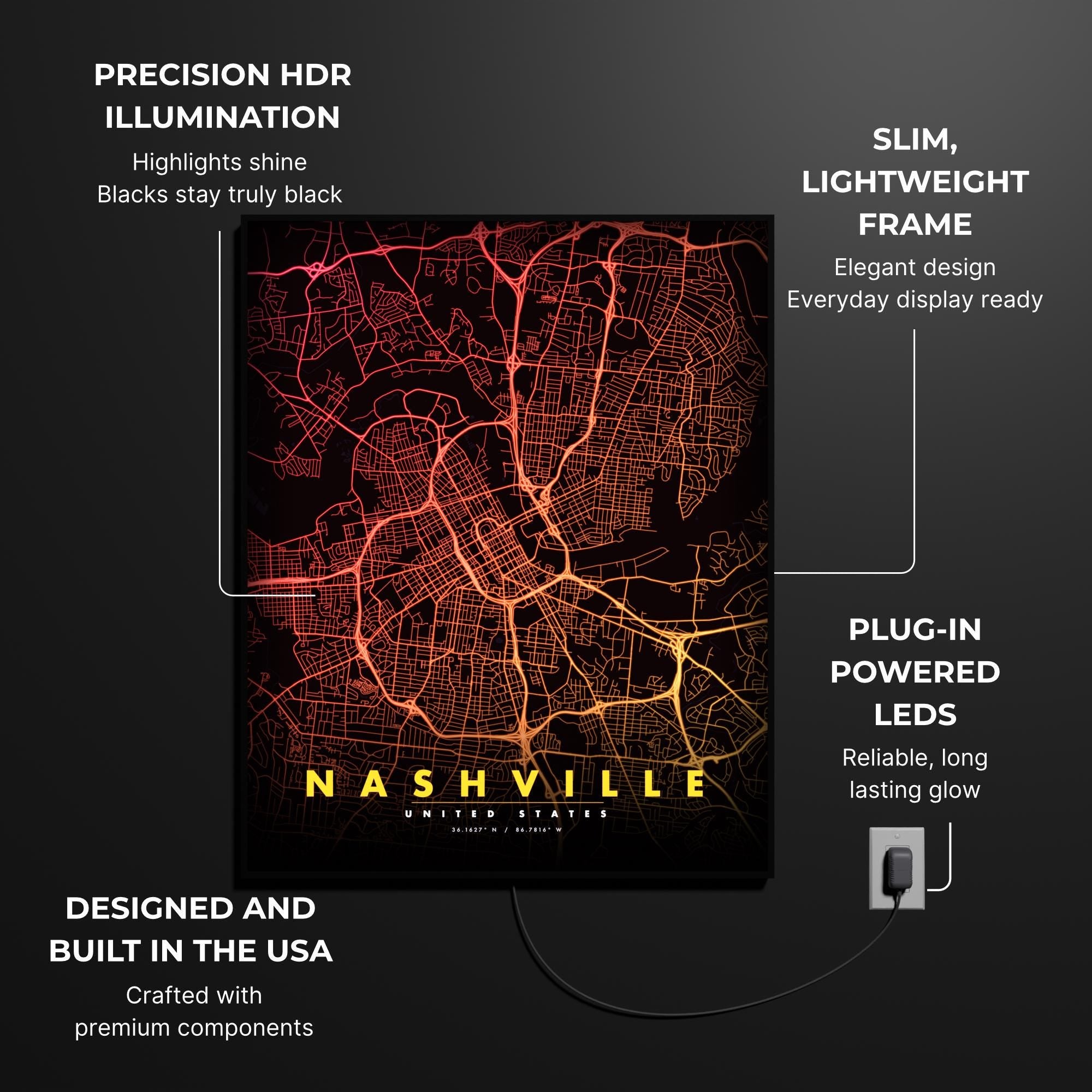 Nashville City Map luminous wall art size reference 20 by 16 inches LuminityCo