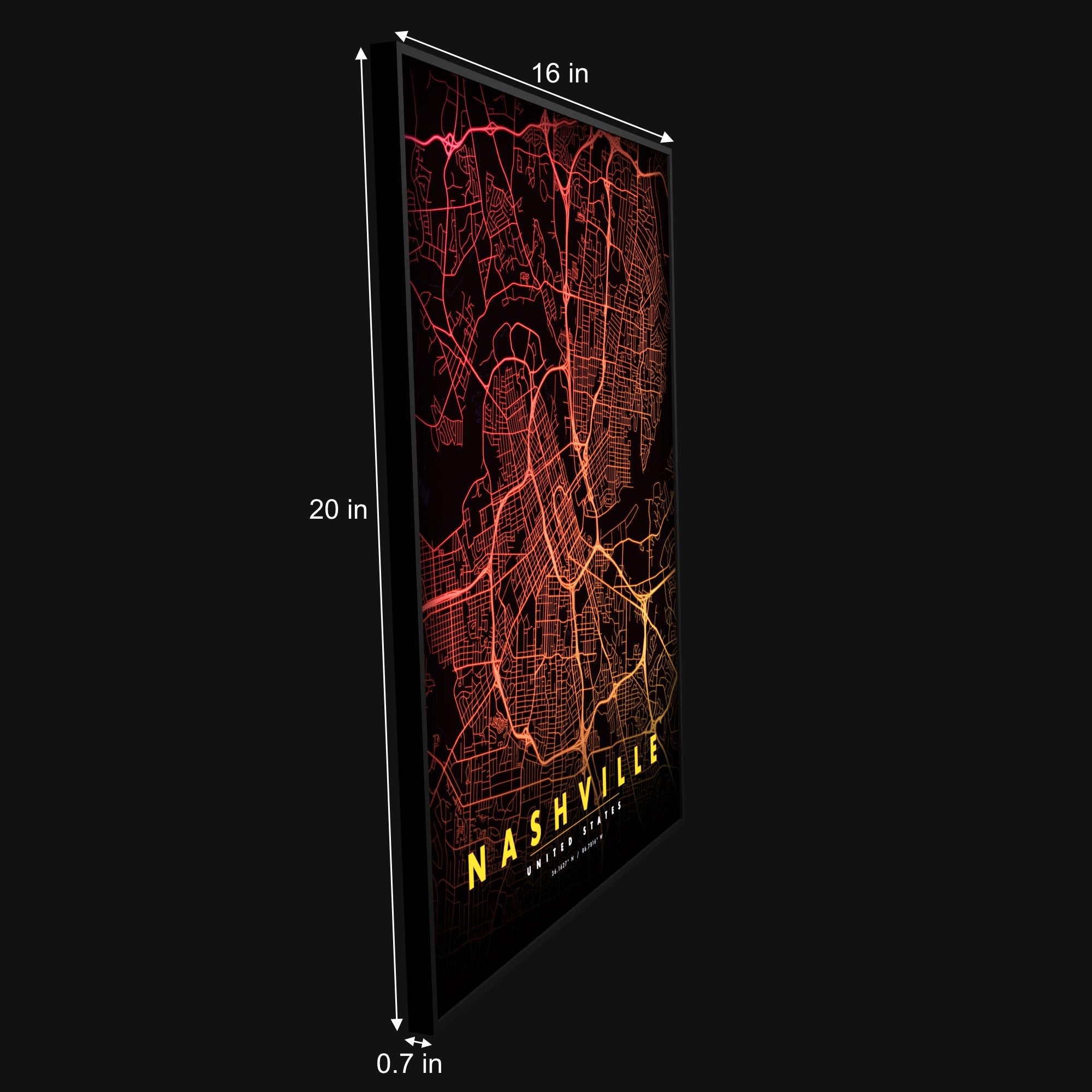 Nashville City Map luminous wall art slim under 1 inch panel LuminityCo