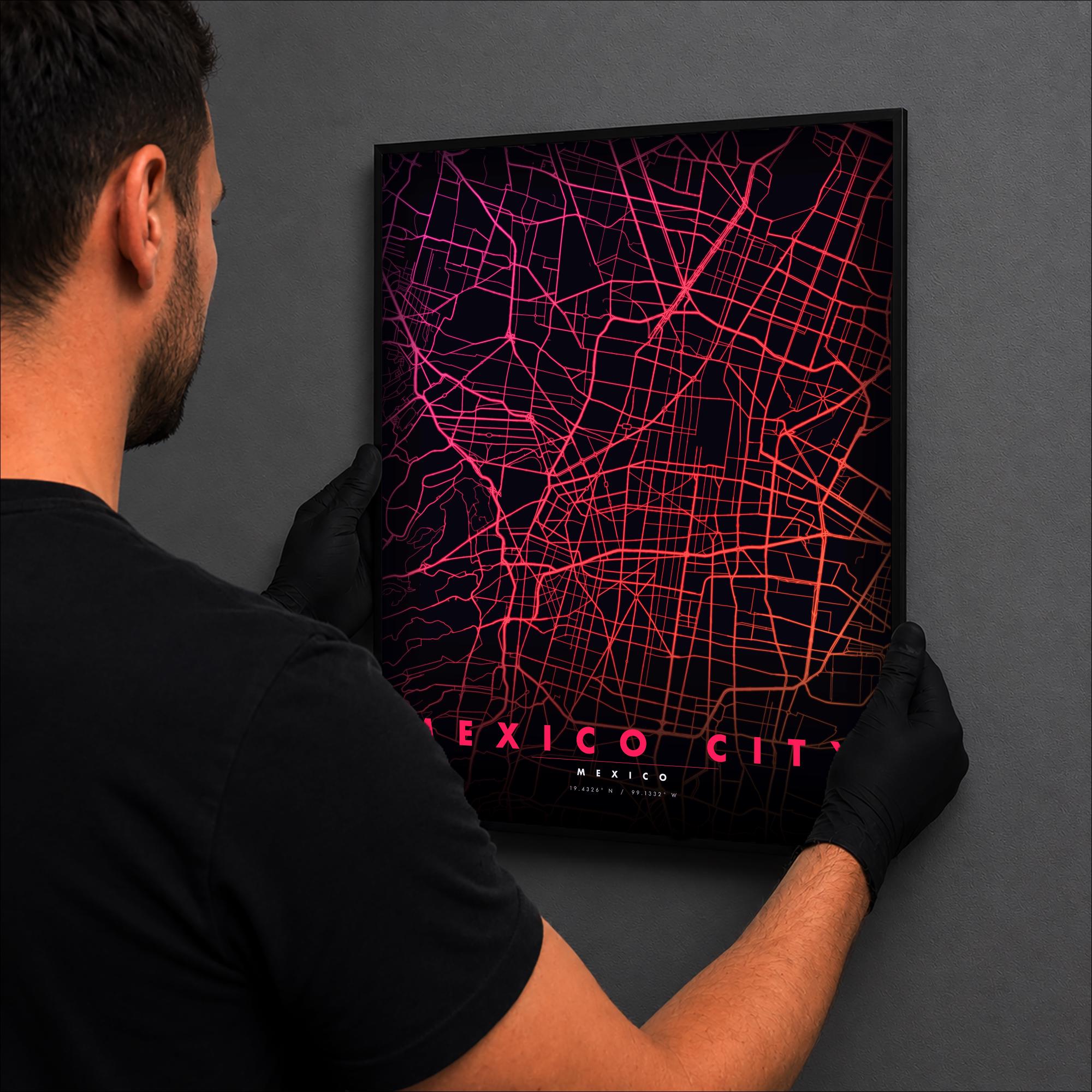 Mexico City Map luminous wall art lit in dark room LuminityCo