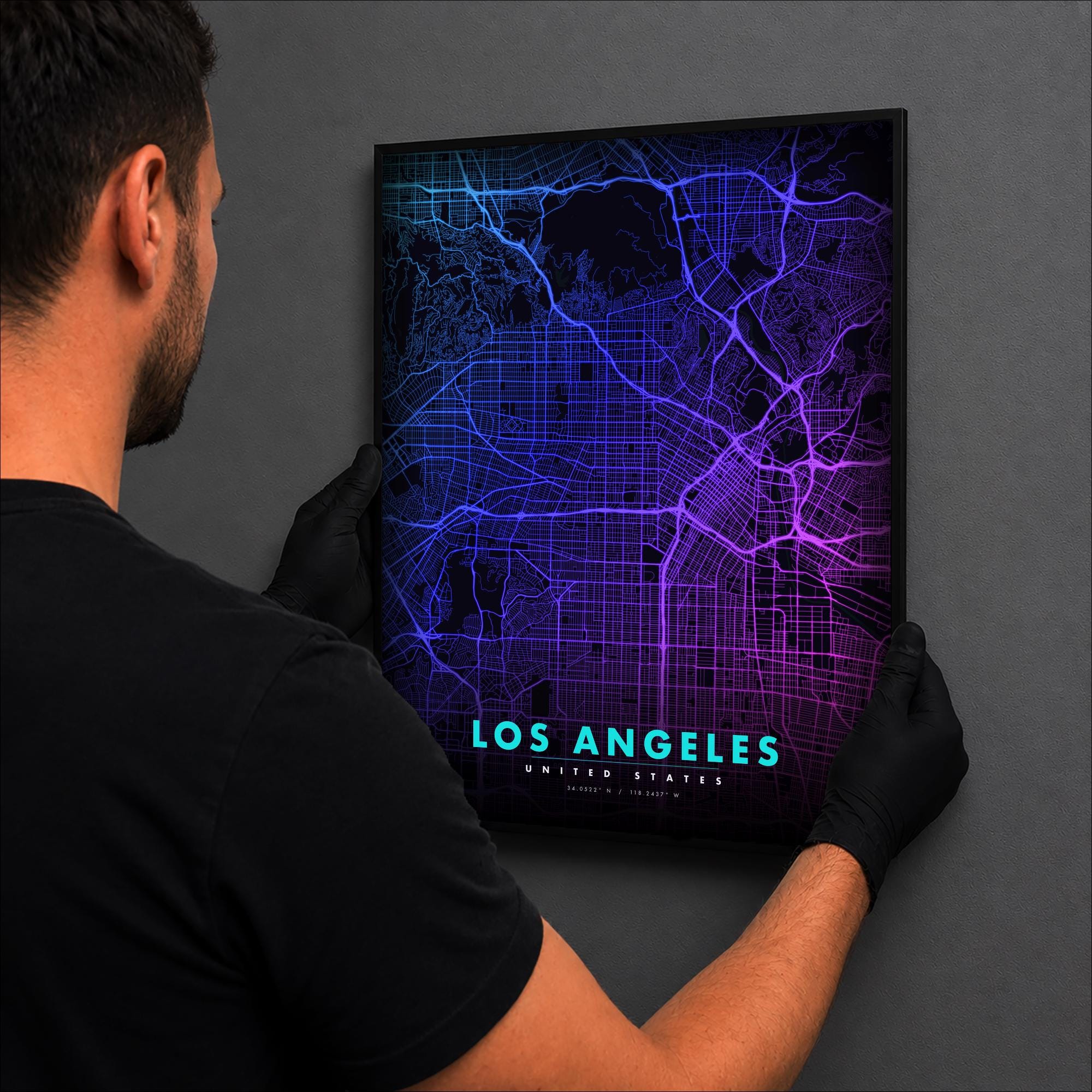 Los Angeles City Map luminous wall art lit in dark room LuminityCo