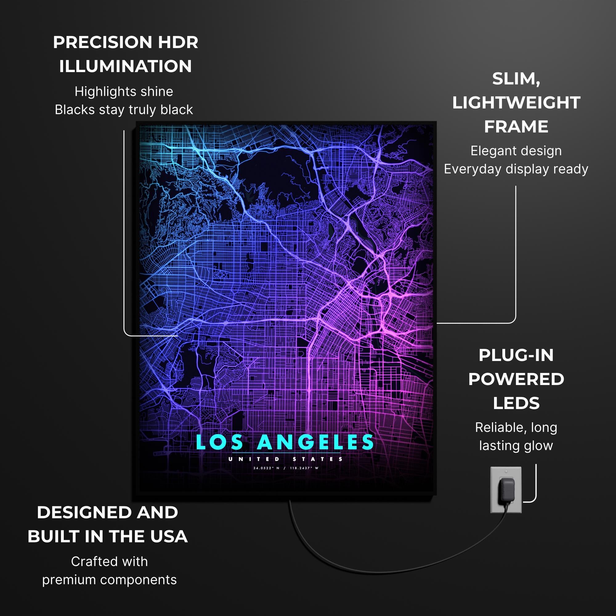 Los Angeles City Map luminous wall art size reference 20 by 16 inches LuminityCo
