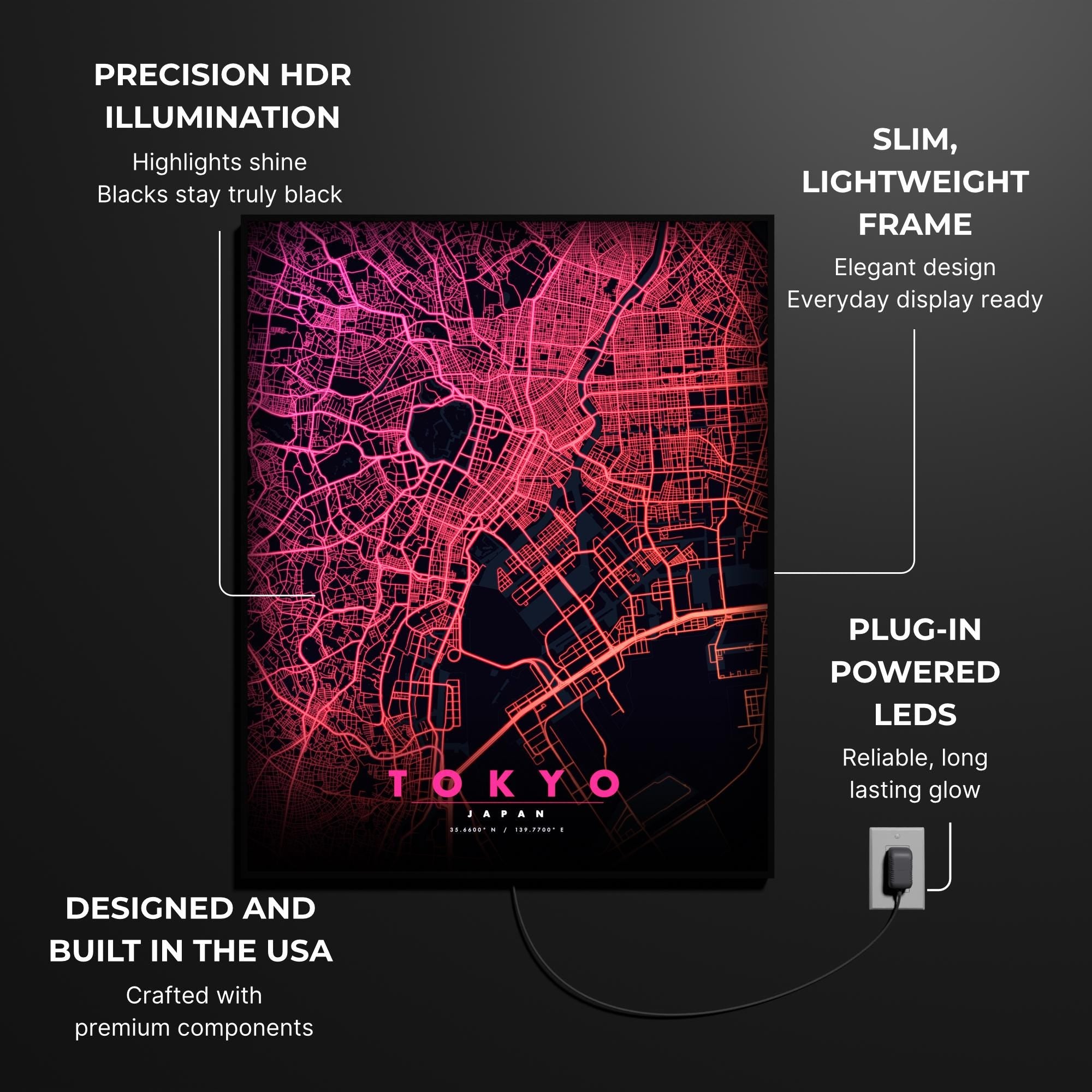 Tokyo City Map luminous wall art lit in dark room LuminityCo