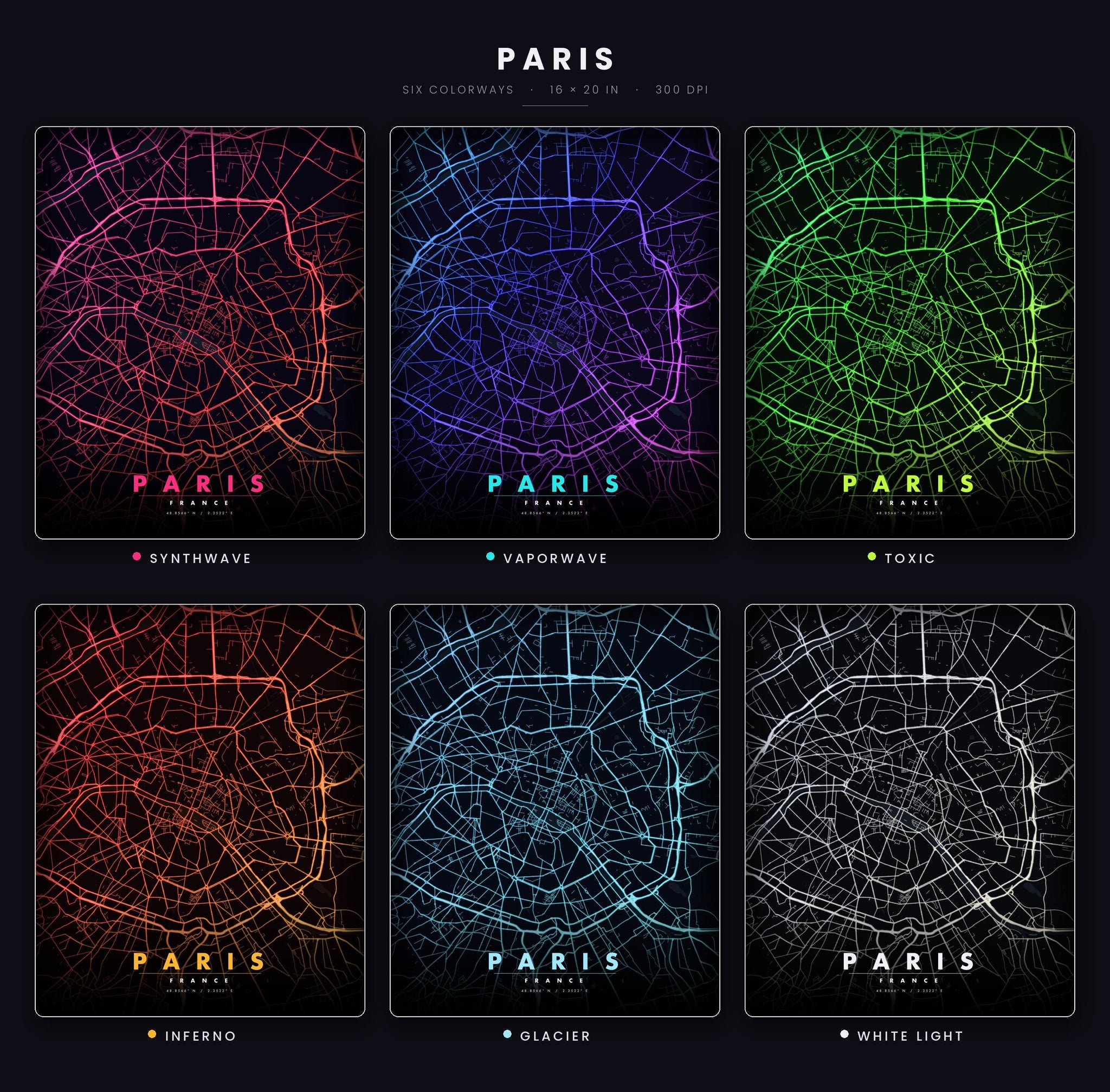 Paris City Map luminous wall art all six glow colorways LuminityCo
