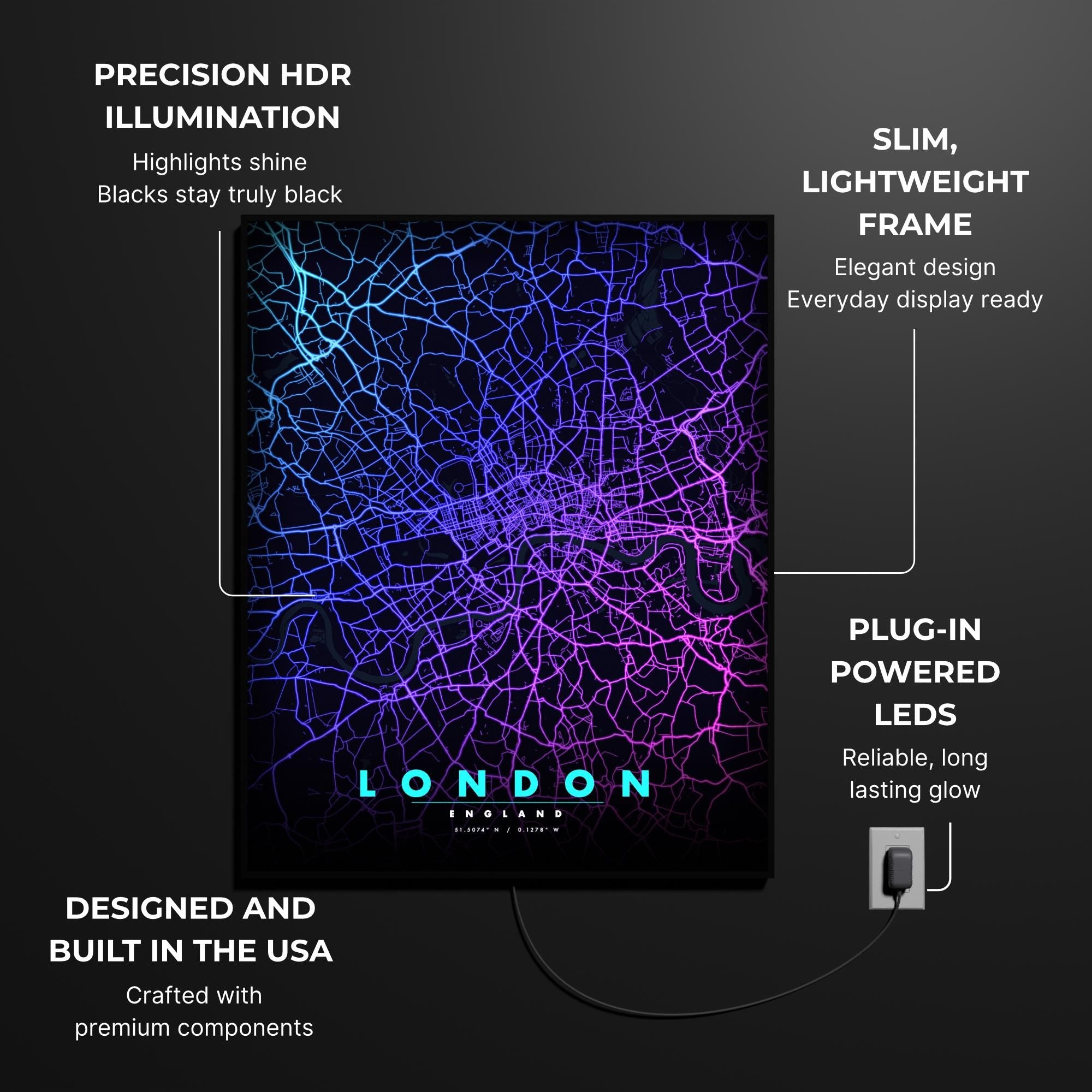 London City Map luminous wall art lit in dark room LuminityCo