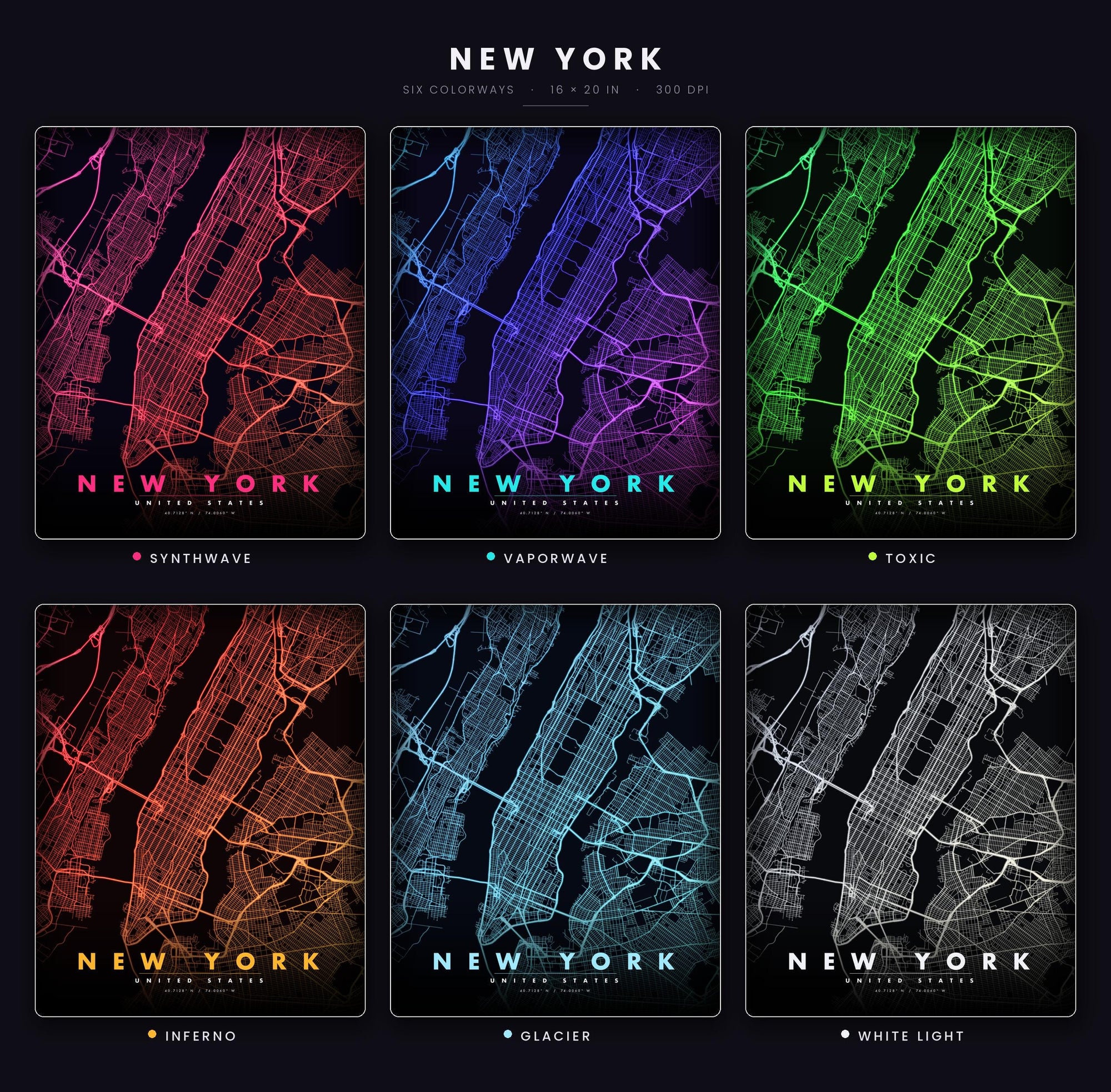New York City Map luminous wall art all six glow colorways LuminityCo
