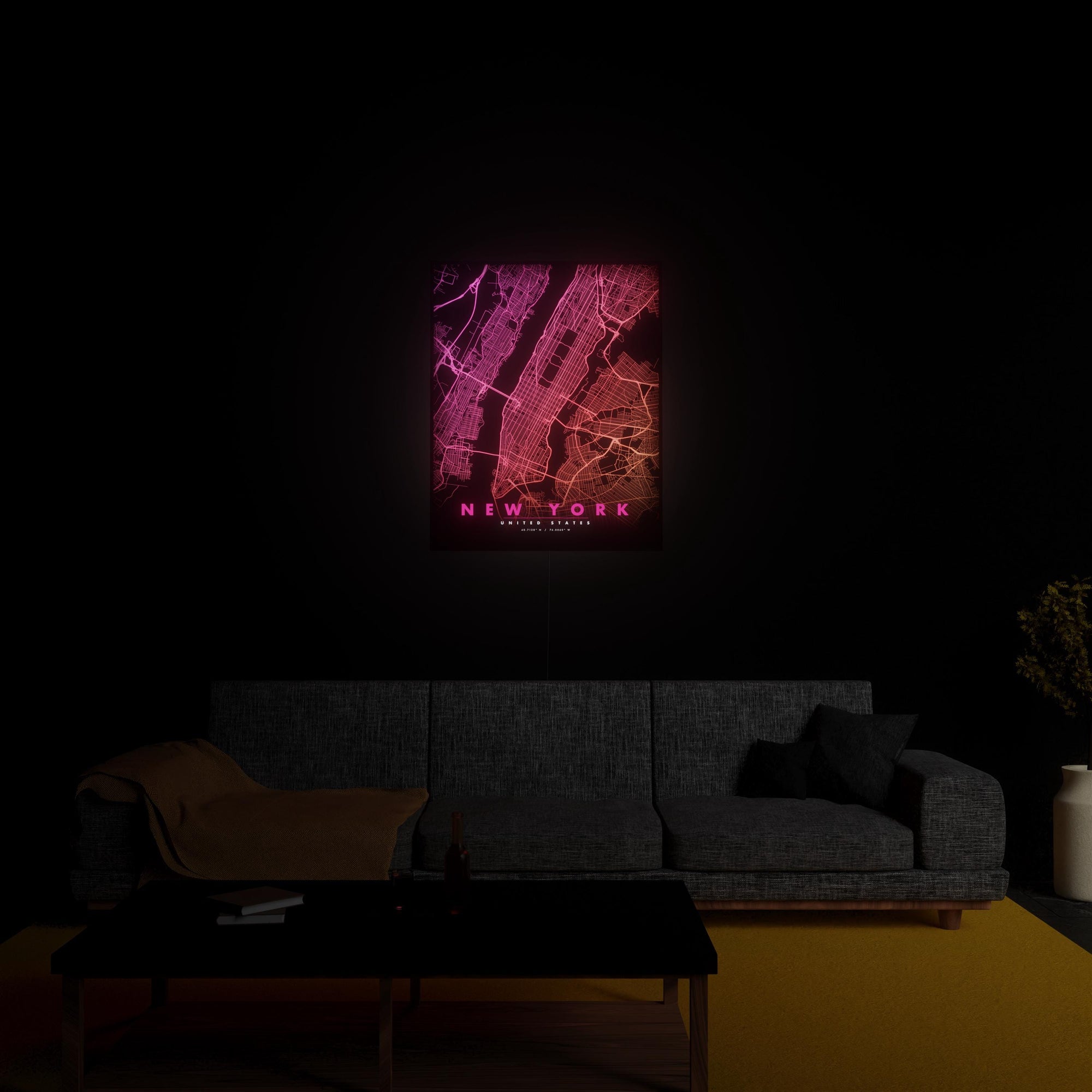 New York City Map luminous wall art glowing in living room LuminityCo